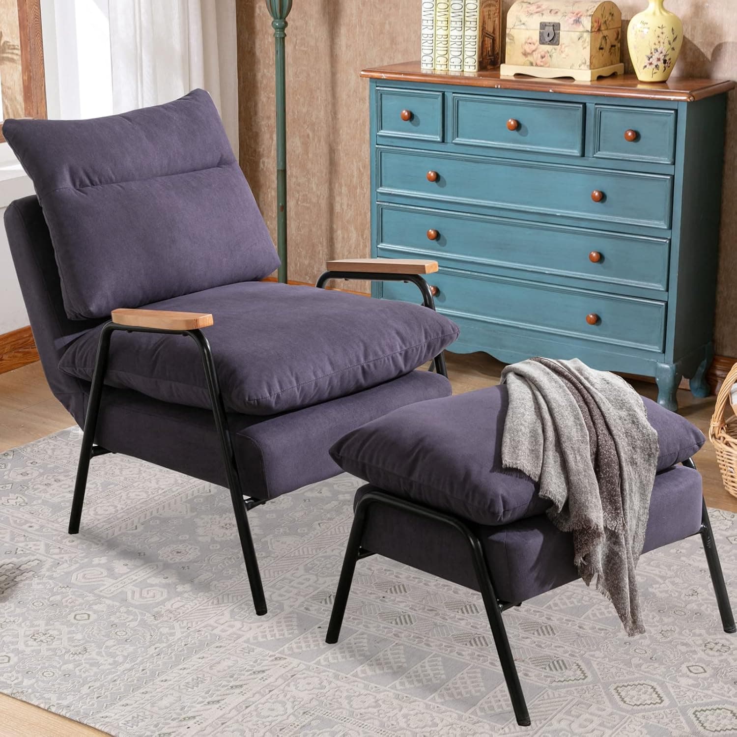 ANJHOME Overstuffed Accent Chair with Ottoman, Adjustable Backrest Bedroom Chair for Adults Fabric Club Chair with Metal Legs for Living Room, Purple
