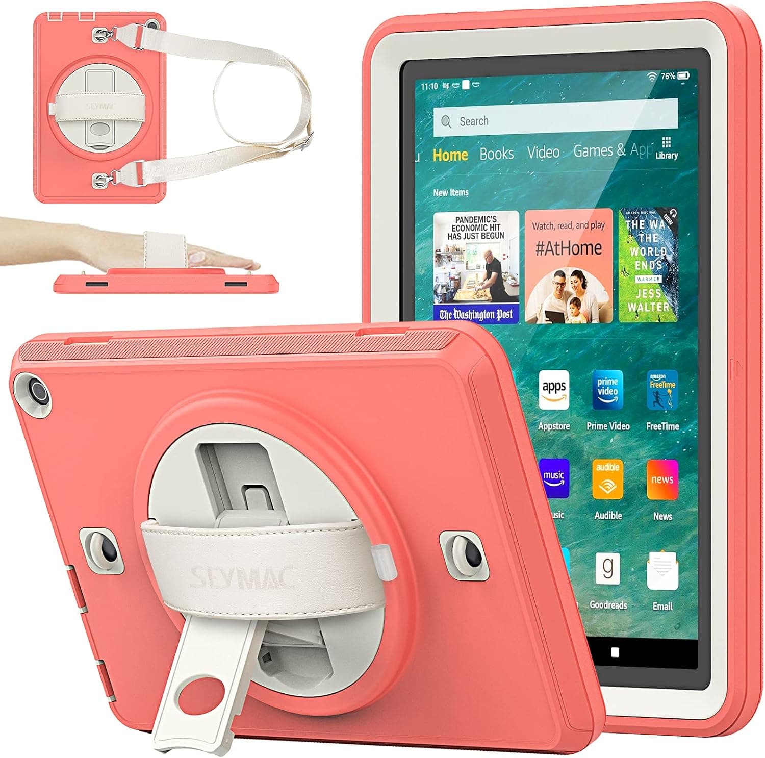 SEYMAC stcok Case Compatible with Fire HD 8, Full-Body Shock-Proof Case with 360 Rotating Stand Pencil Holder for Fire HD 8 & 8 Plus 10th Generation 2020 (Beige+Watermelon Red)
