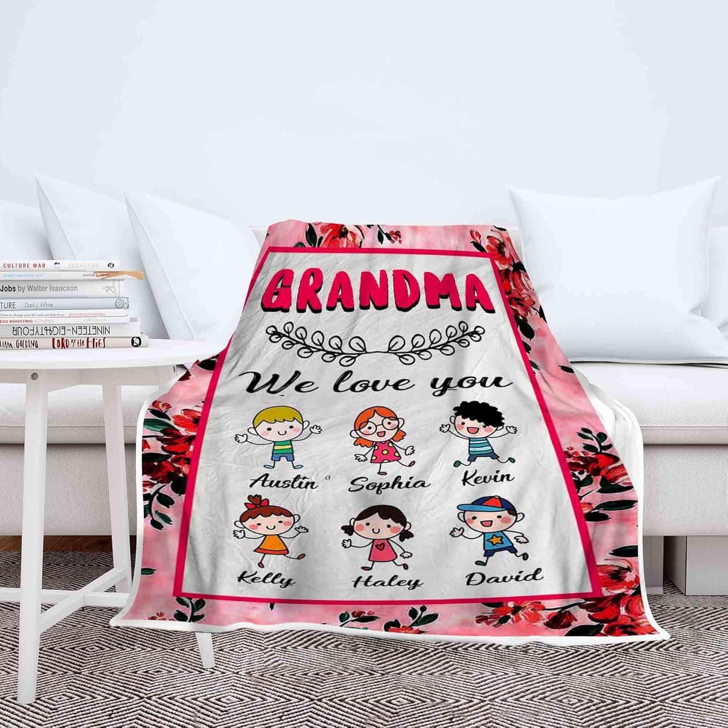 We Love You, Customized Fleece Blanket for Grandma with Grandchildren's Name, Grandpa Grandma Nana Gigi, Christmas, Birthday, Grandparents Day Gifts for Them, Supersoft and Warm Blanket