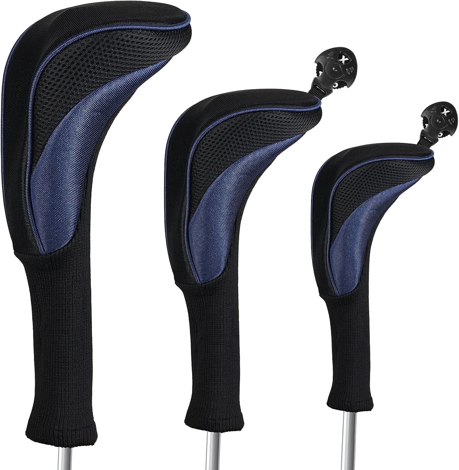 MXiiXM® Golf Club Head Covers, 3Pcs Long Neck Mesh Golf Head Covers for Fairway Woods Driver Hybrids, Golf Club Headcovers with Interchangeable No. Tags 3 4 5 6 7 X (Blue)