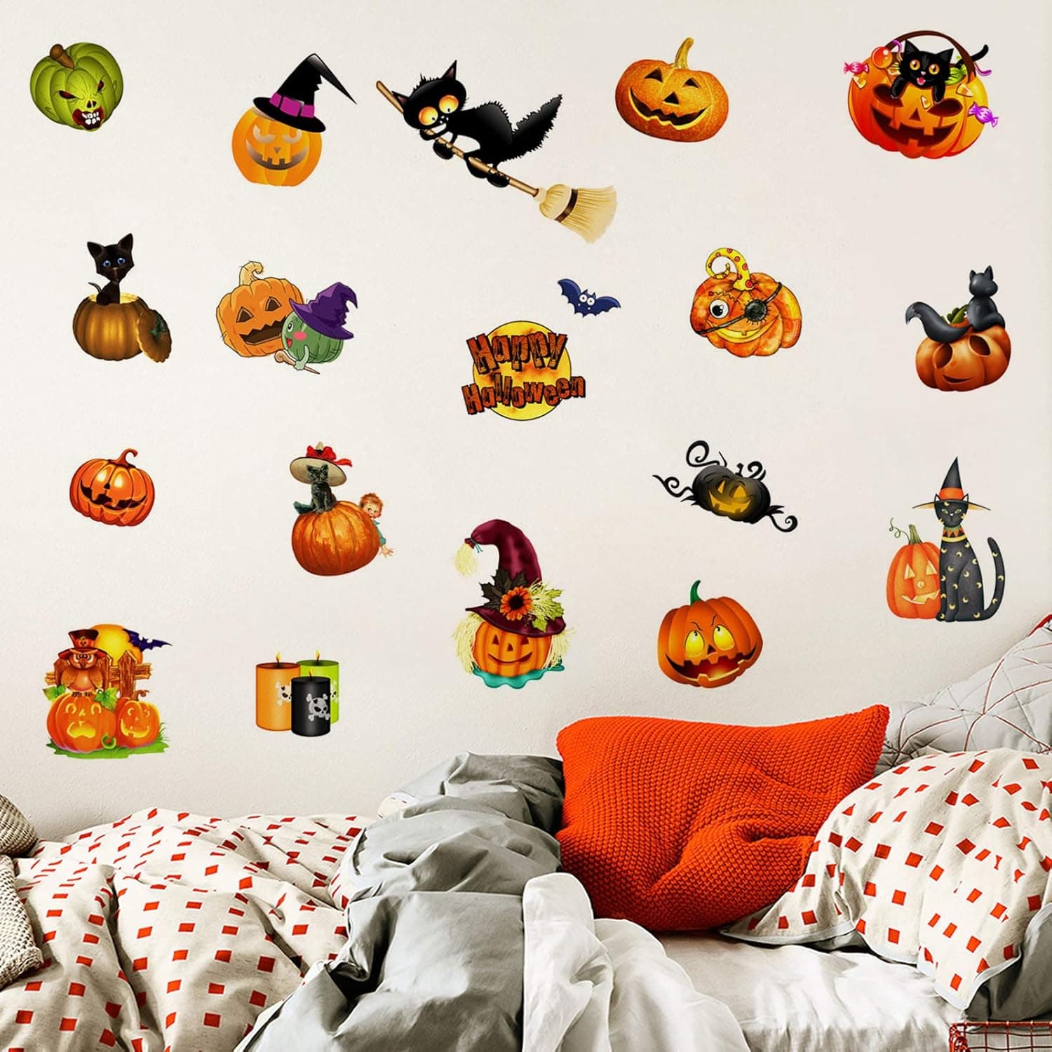Realcome Halloween Wall Decals Cute Cat Teens Decor 16x24 Inches Funny and Classic Pumpkin Expressions Stickers for Pumpkins and Squashes for Halloween Party Decoration