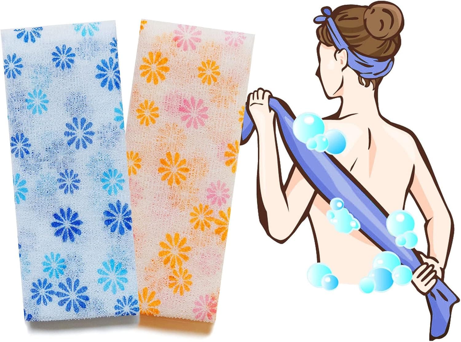 NOPIGO Premium Nylon Exfoliating Washcloth/Korean Loofah Puff Large Back Scrubber, Beauty Bath Sponges for Shower (Floral-2-orange Blue)