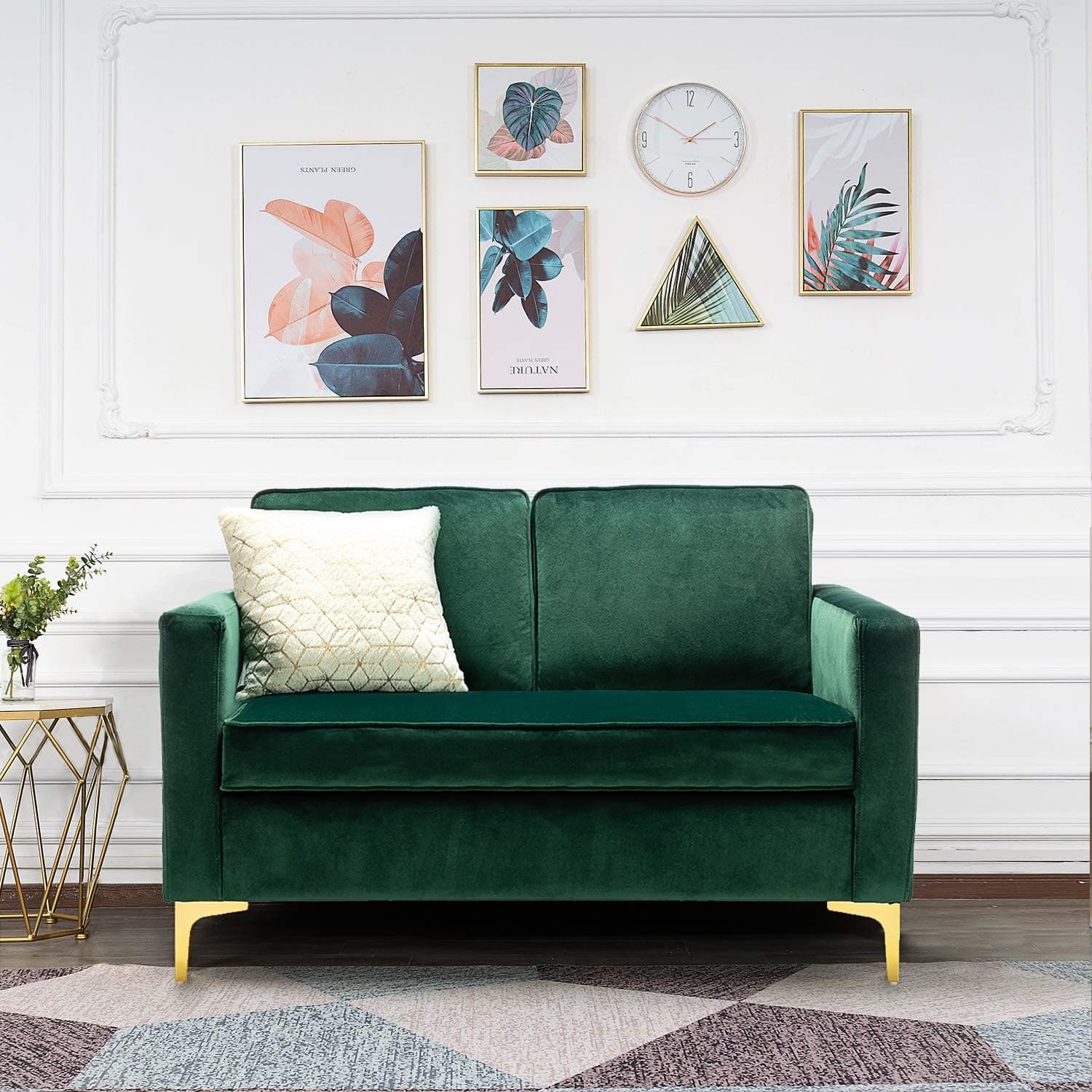 HULALA HOME Modern Velvet Loveseat Sofa with Gold Legs, Comfy Upholstered Small Love Seat Couch with Removable Cushions, 2-Seater Sofa for Living Room Bedroom, Green