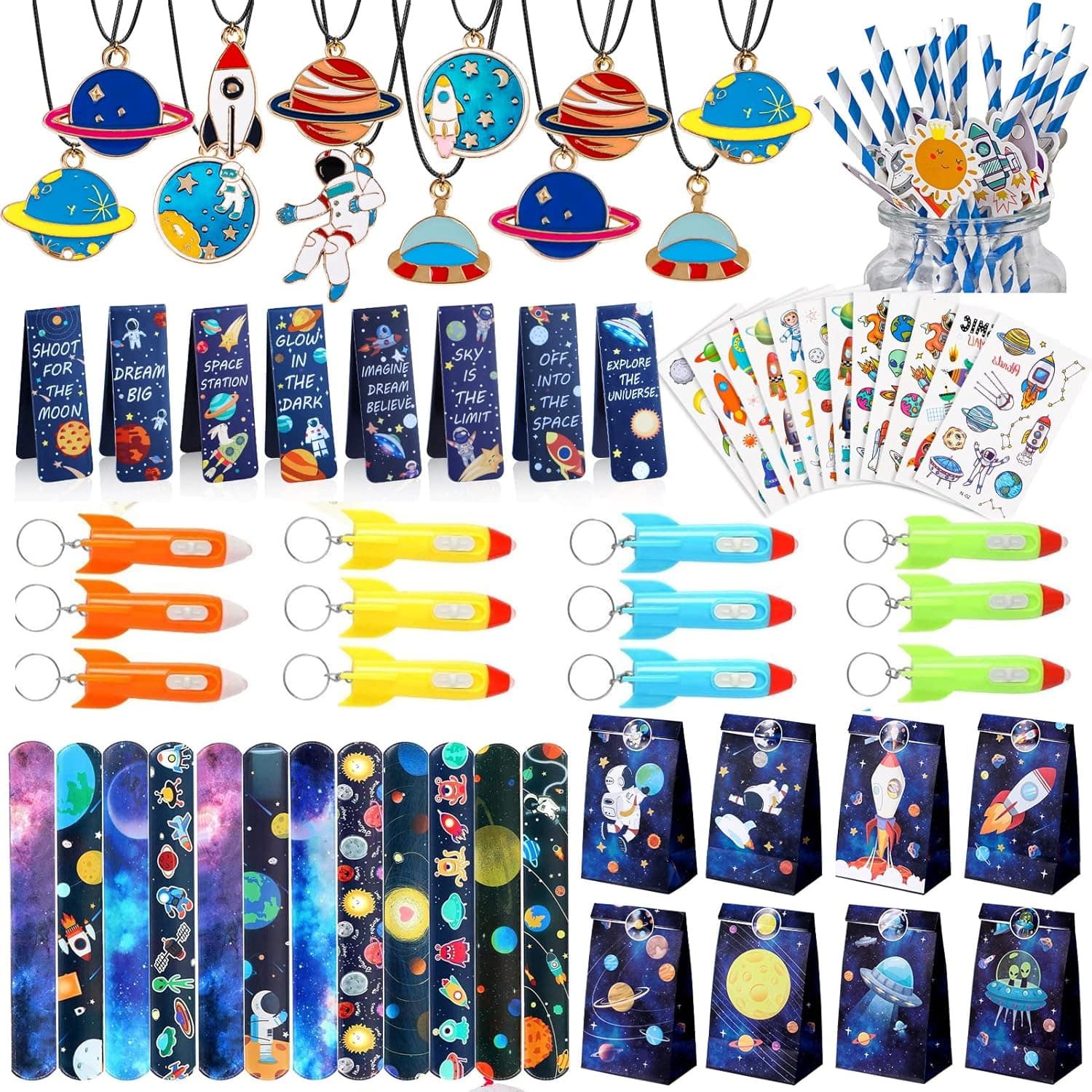 Lorfancy 92 Pcs Outer Space Party Favors Kids Space Toys Boys Girls Slap Bracelets Tattoo Stickers Pendant Space Keychains Gifts Bag Accessories Birthday Party Supplies (A 92 Pcs)