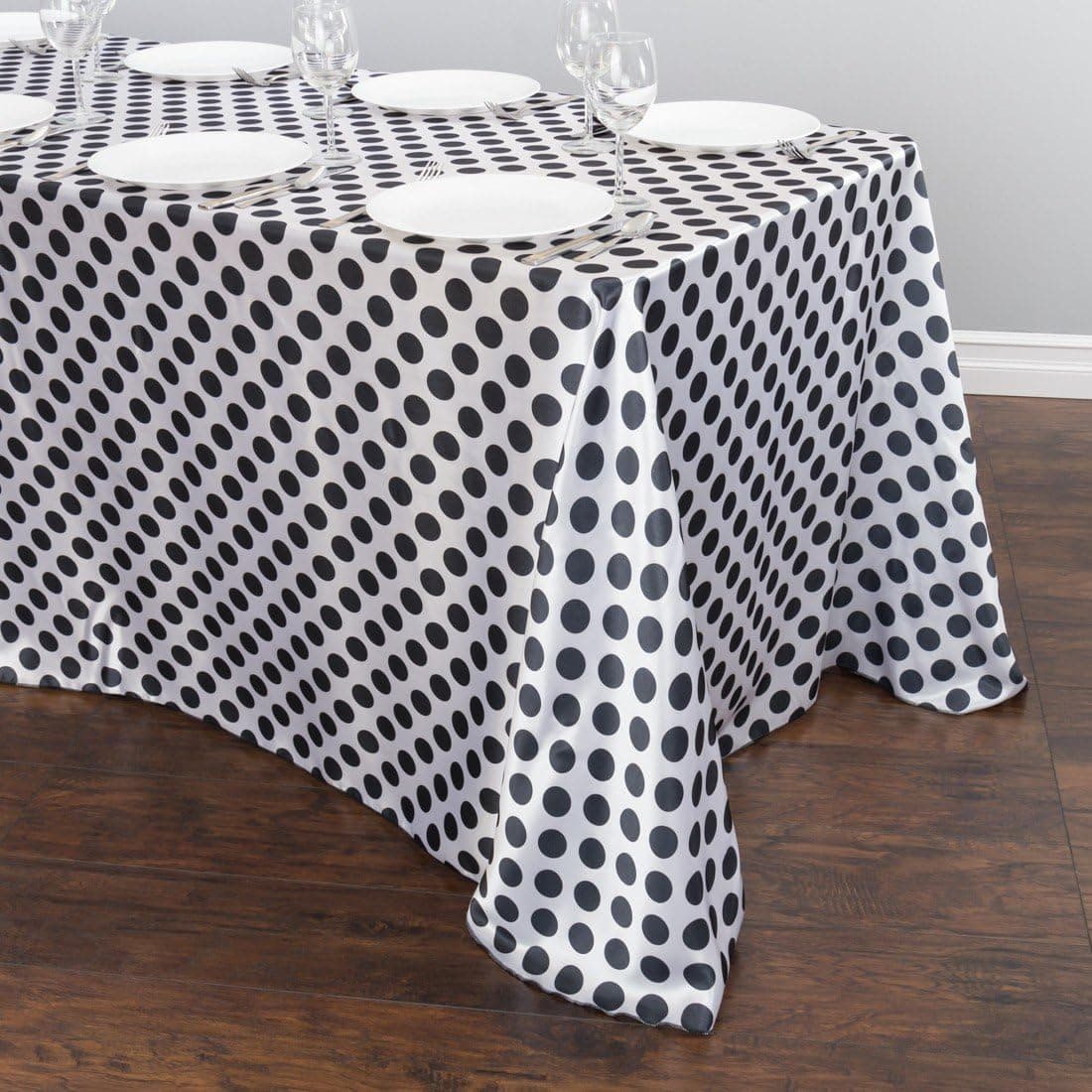 LTC LINENS 90 x 156 in. Rectangular Polka Dot Satin Tablecloth White/Black
