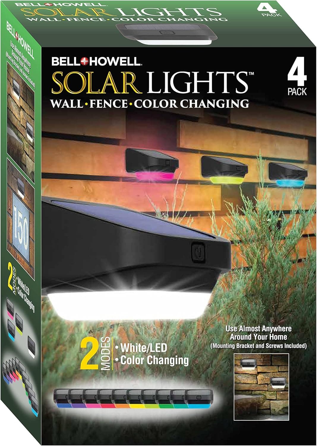 Bell+Howell Solar Deck Fence Lights Outdoor Step Light Waterproof Solar Fence Lights for Patio, Stairs, Pathway, Porch, Driveway, Yard or Garden Decor, White/LED Color Glow Lighting - 4 Packs