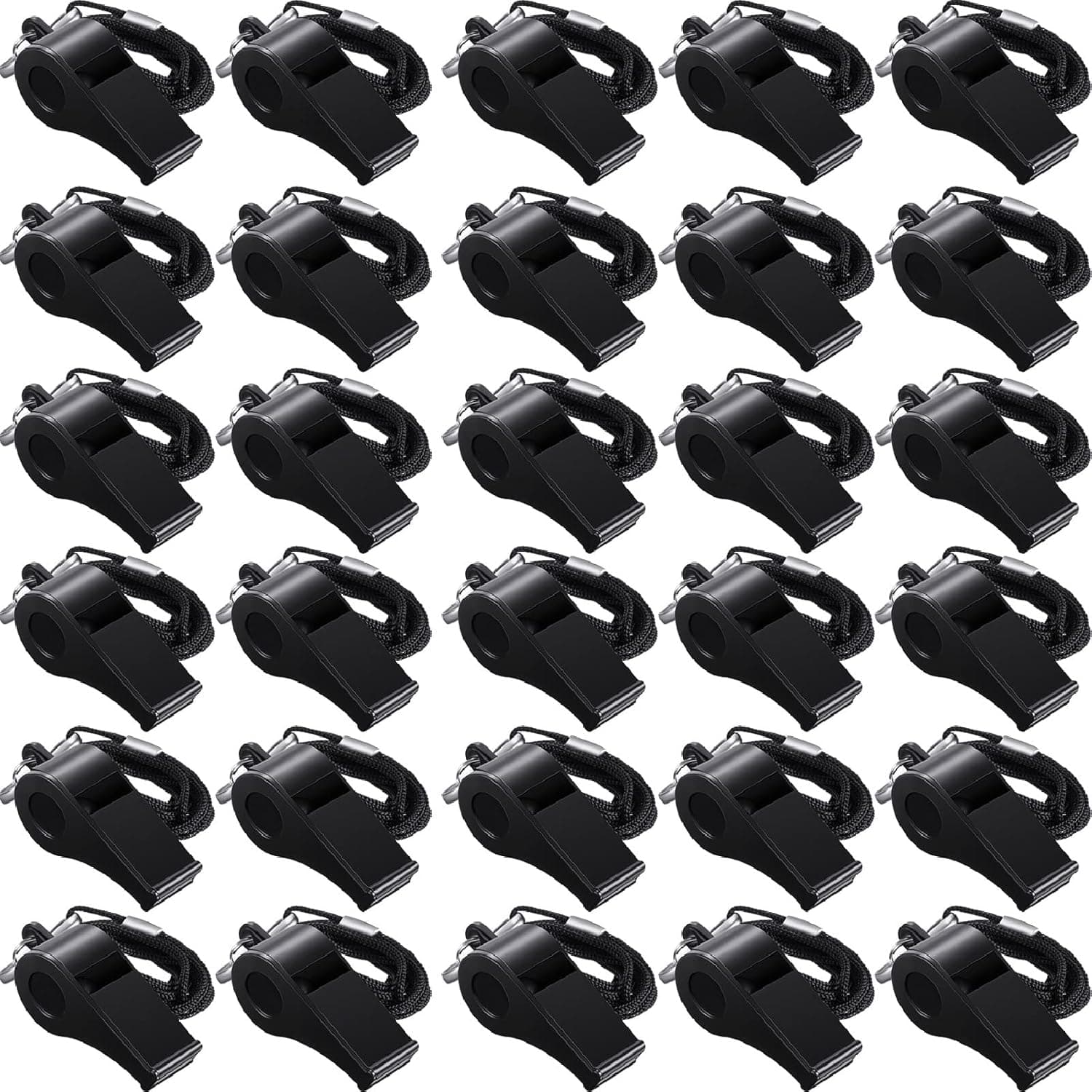 Frienda 100 Pieces Black Lanyard Plastic Whistles Referees Fans Cheer Student Whistles Emergencies Survival Whistles Bulk