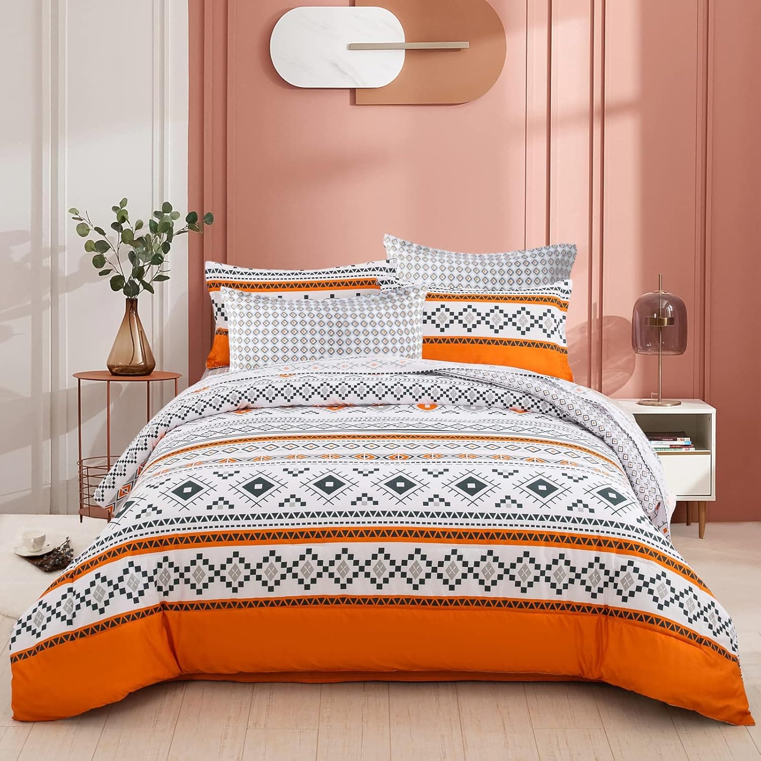 Boho Comforter Set Queen,7 Pieces Orange Bohemian Bed in a Bag Reversible Geometric Comforter Bedding Set Soft Microfiber Queen(1 Comforter,2 Pillowcases,1 Flat Sheet,1 Fitted Sheet,2 Pillow Shams)