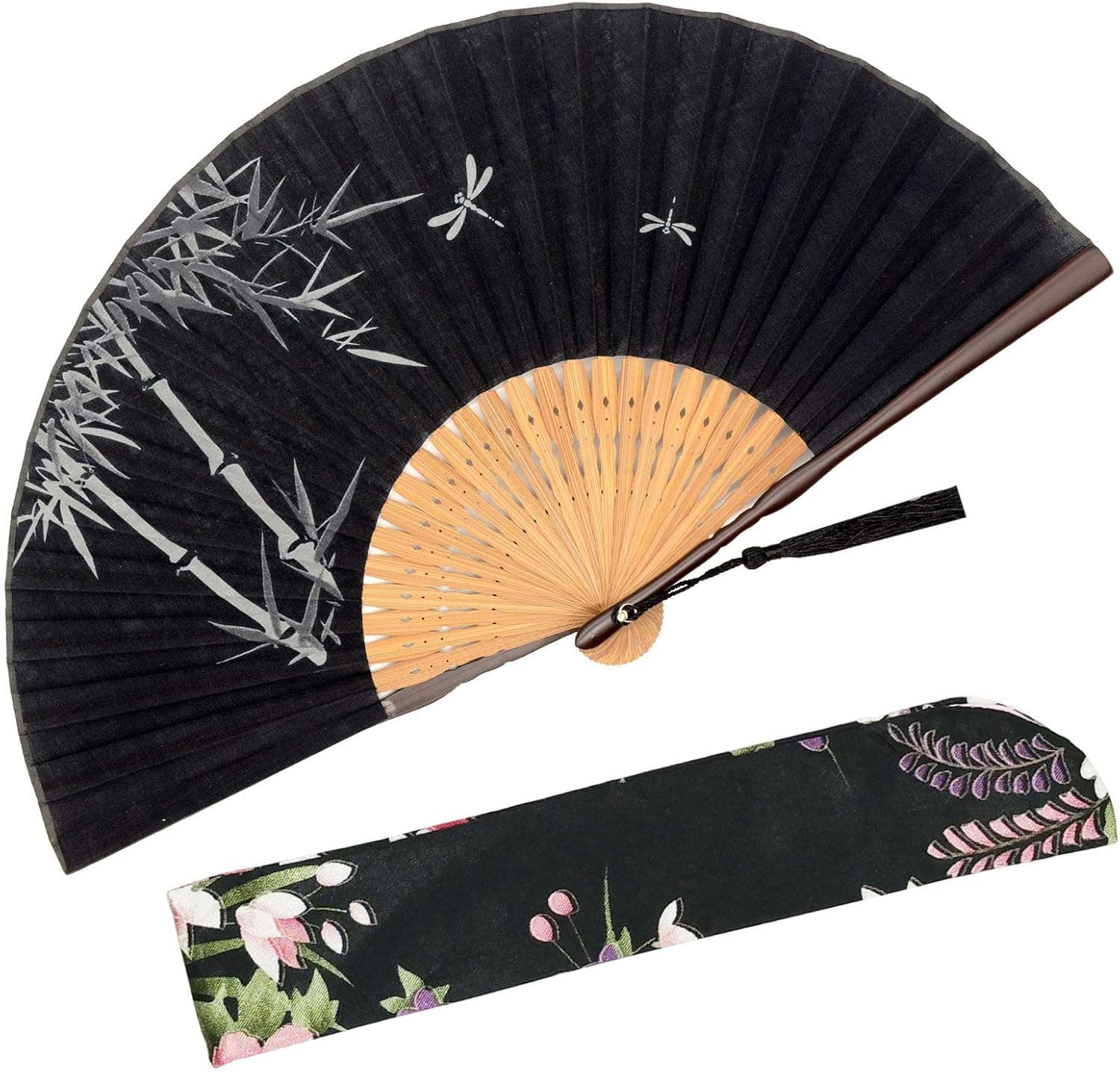 Zolee Small Folding Hand Fan - Chinese Japanese Vintage Bamboo Silk Fans - for Dance, Performance, Decoration, Wedding, Party,GIF (Bamboo Forest-Black) 0204