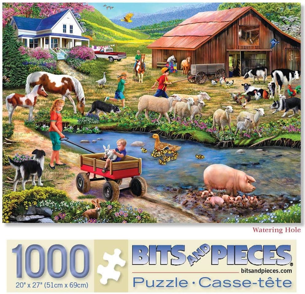Bits and Pieces - 1000 Piece Jigsaw Puzzle for Adults 20" x 27"  - Watering Hole - 1000 pc Farm Animals, Barn Jigsaw by Artist Mary Thompson