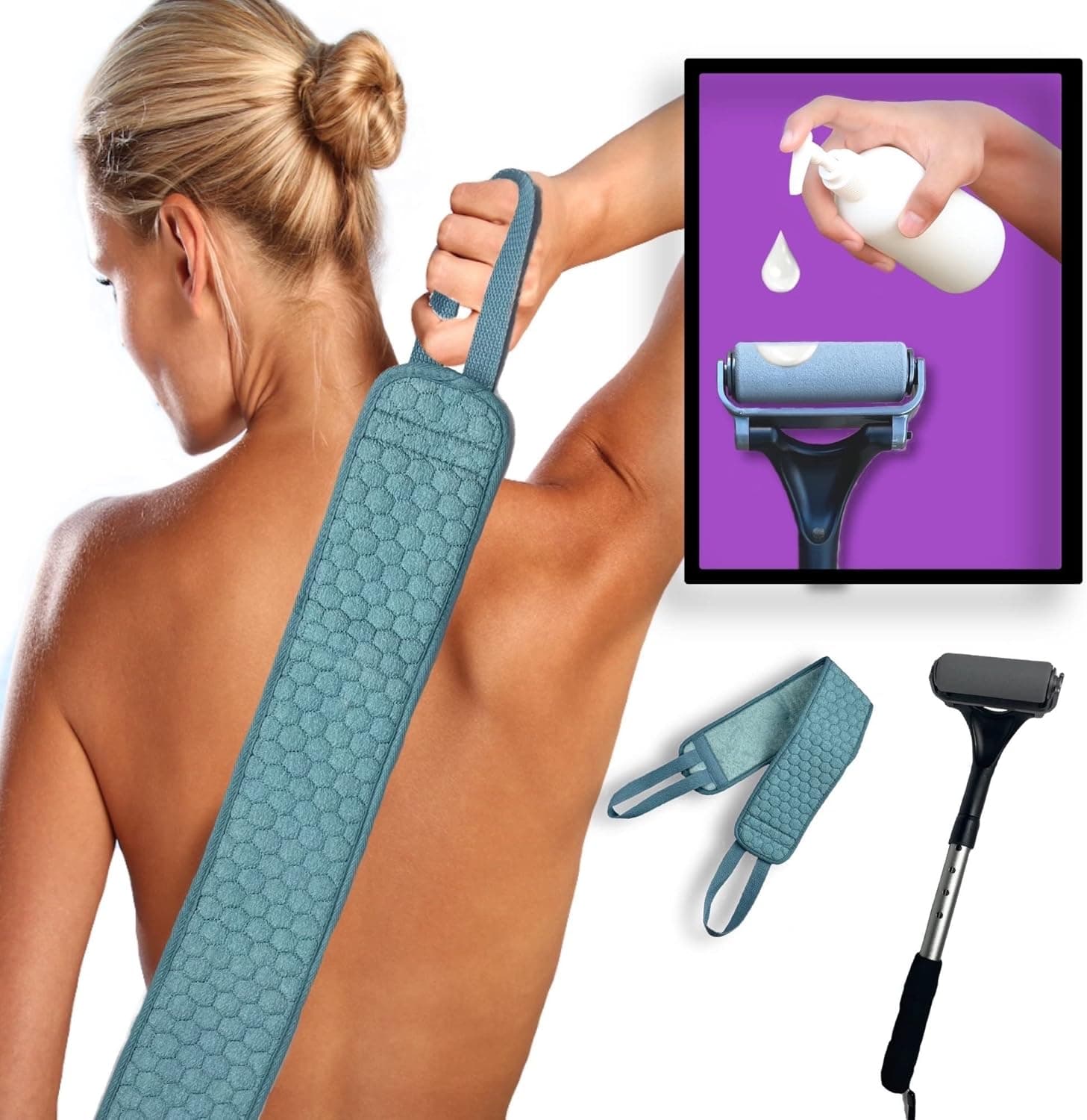 Smooth Reach Back Lotion Applicator and Back Brush for Shower, Body Scrubber, Wheel & Exfoliating Bath Sponge Scrubber for Men & Women's Self Care, Easy-to-Use Long Back Roller - Set of 2