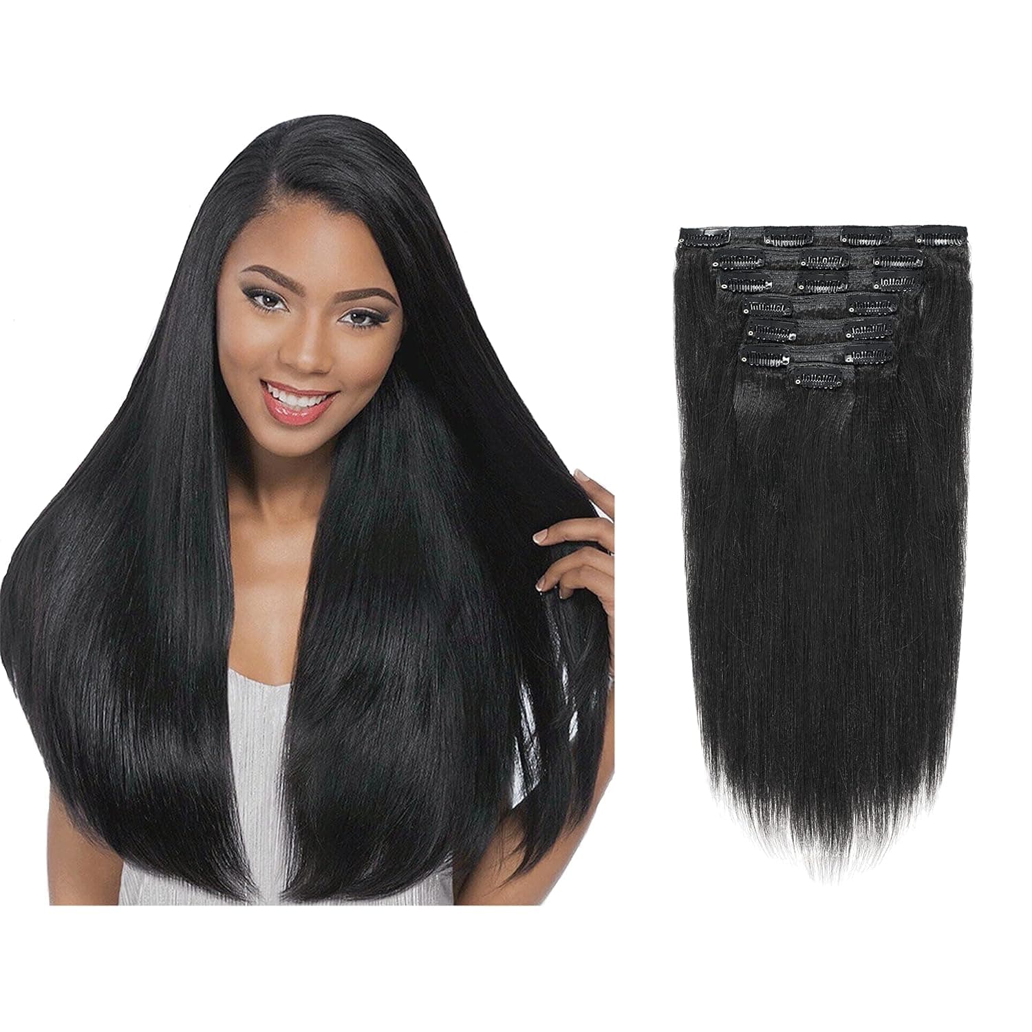 Lacer 22 inch Thick Yaki Straight Clip in Real Human Hair Extensions, Light Yaki Straight Clip ins, Jet Black Color For Black Women Relaxd Hair 120G 7Pieces