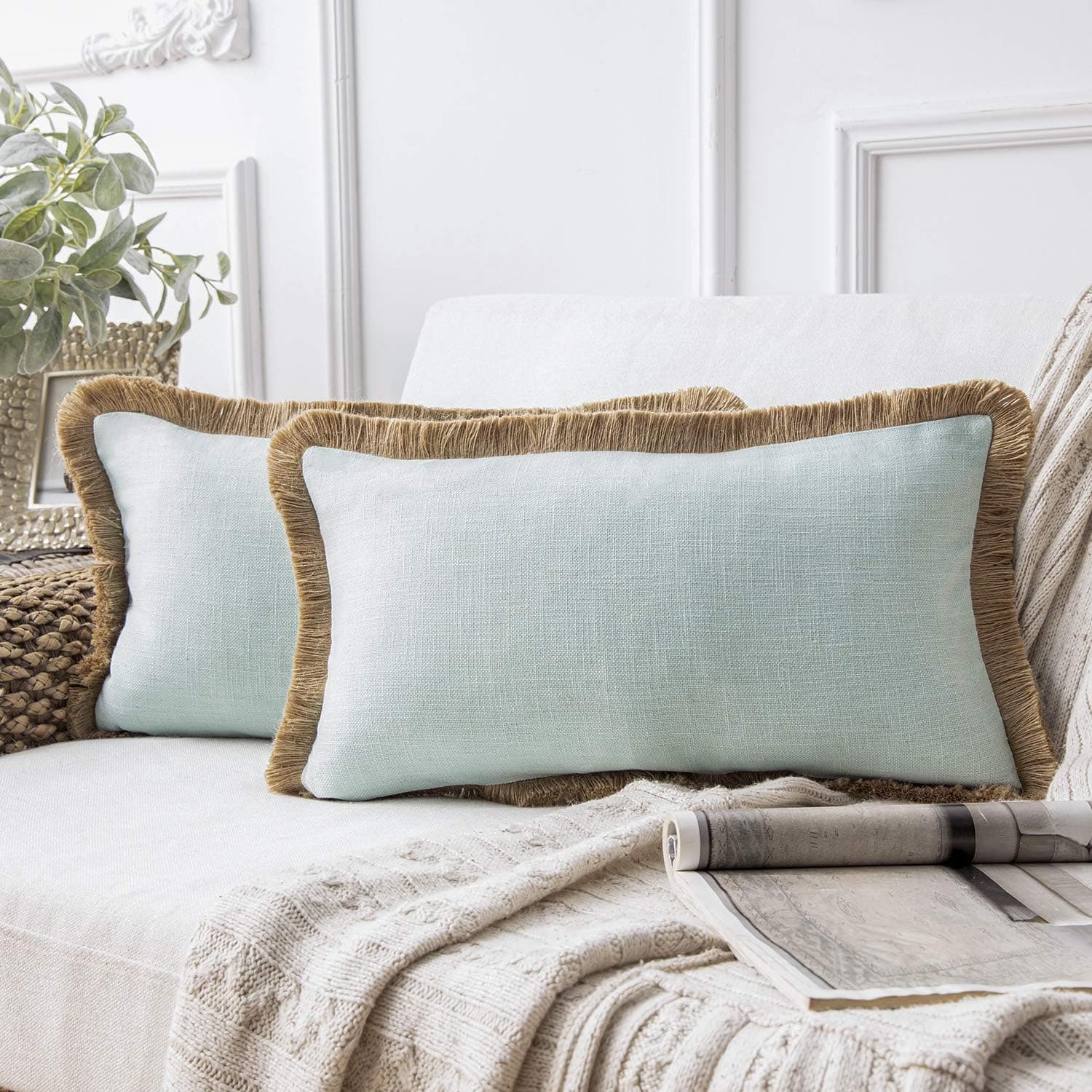 Phantoscope Pack of 2 Farmhouse Decorative Throw Pillow Covers Linen Tassel Trimmed Fall Outdoor Pillow Decor, Water Blue, 12 x 20 inches, 30 x 50 cm