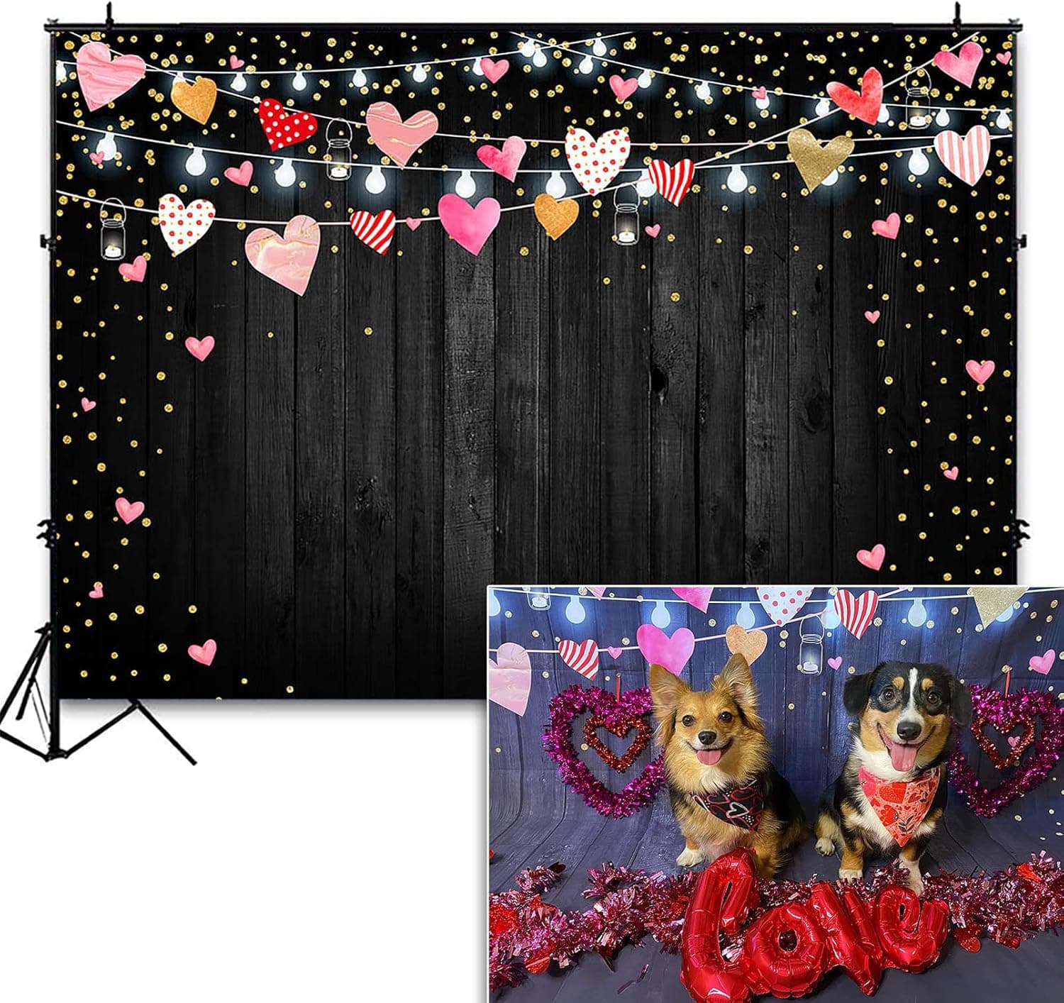 Avezano Black Wooden Wal Backdrop Red Hearts Wedding Party Bridal Shower Background for Photography Photoshoot Photo Booth Decoration (7x5ft)