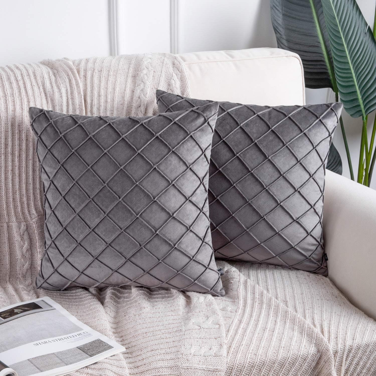 Phantoscope Pack of 2 Velvet Decorative Pleated Throw Pillow Covers Soft Solid Square Cushion Case for Couch Grey, 18 x 18 inches 45 x 45 cm