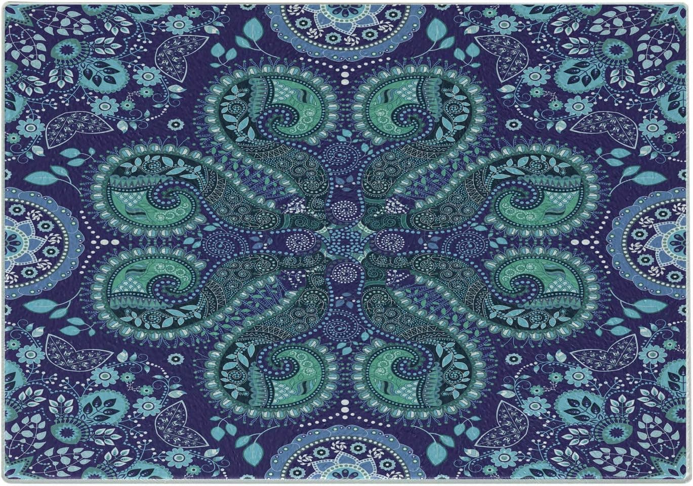 Lunarable Paisley Cutting Board, Motifs Inspired with Ivy Flowers Round Shapes, Decorative Tempered Glass Cutting and Serving Board, Large Size, Cadet Blue