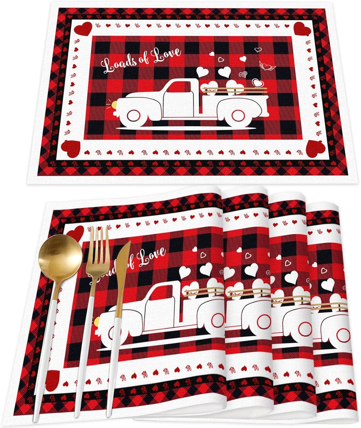Valentine's Day Placemats Decorations Set of 4 12 x 18 Inch Sweet Love Heart Truck Red Buffalo Check Plaid Heat Resistant Holiday Place Mat for Dining Table Washable Burlap Cotton Table Mats