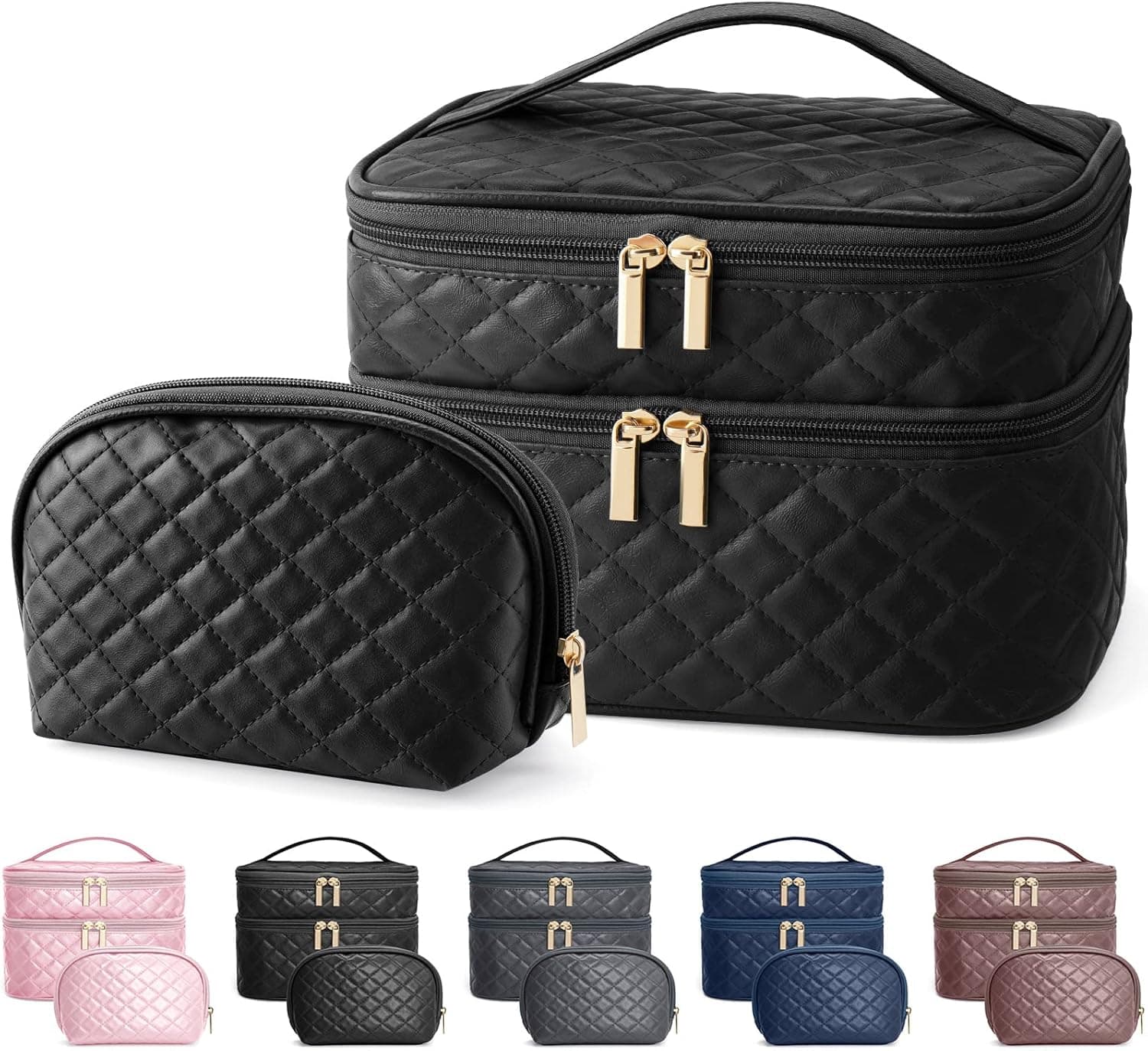 MAANGE Makeup Bag, 2 PCS Cosmetic Bag Leather Cosmetic Travel Bag Roomy Double Layer Makeup Bags for Women Makeup Pouch Portable Zipper Bags Gifts (Black)