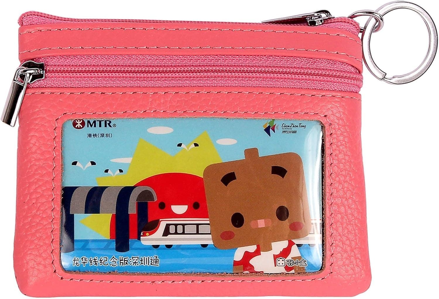 DukeTea Small Leather Zipper Change Purse Coin Wallet with Keychain Pink