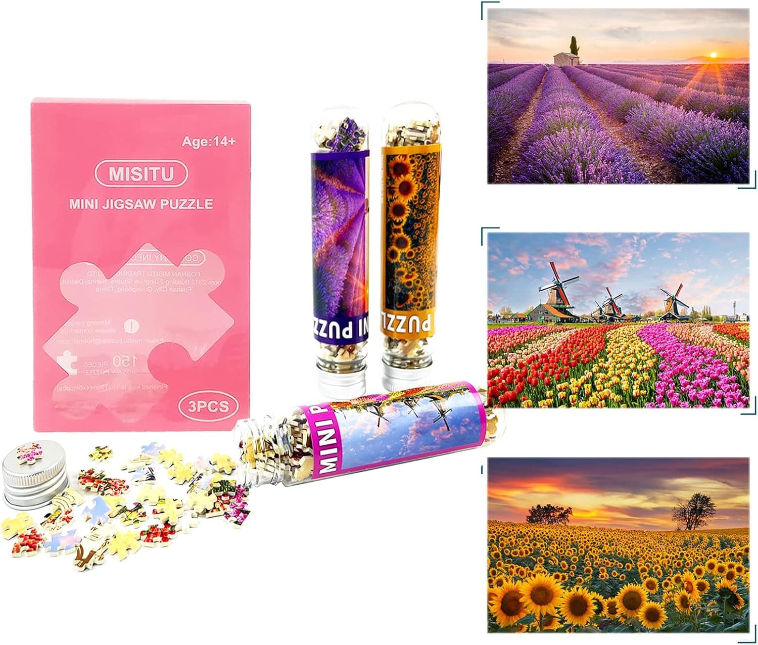 Small Jigsaw Puzzles for Adults 3 Pack Mini Puzzles 150 Pieces Jigsaw Puzzles Birthday Graduation Home Decor 6 x 4 in Small Puzzles (Lavender of Valensole, Tulip of Zaanse Schans, Sunflower)