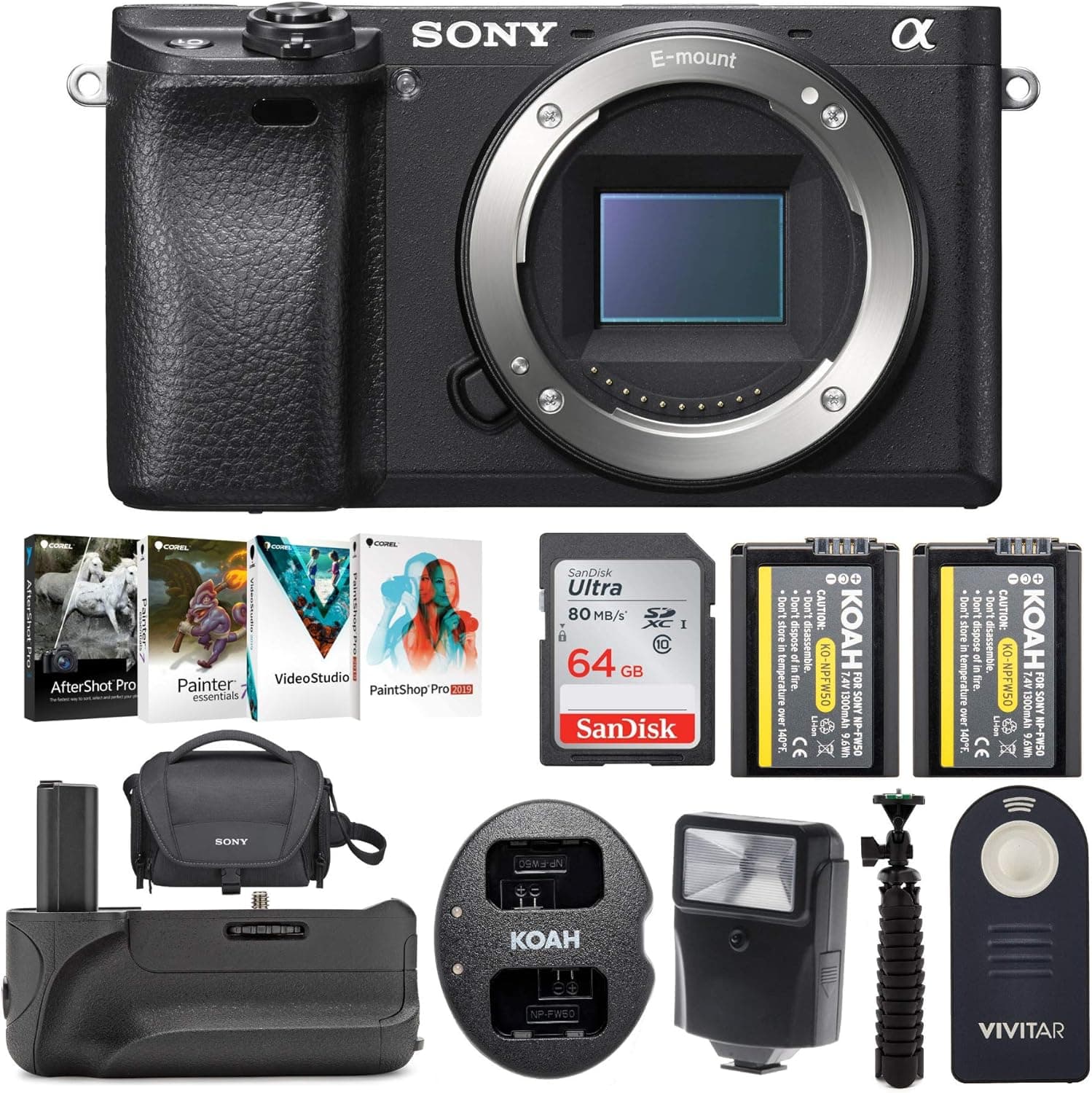 Sony Alpha a6500 24.2MP Mirrorless Digital Camera (Body Only) with 64GB Card and Battery Bundle