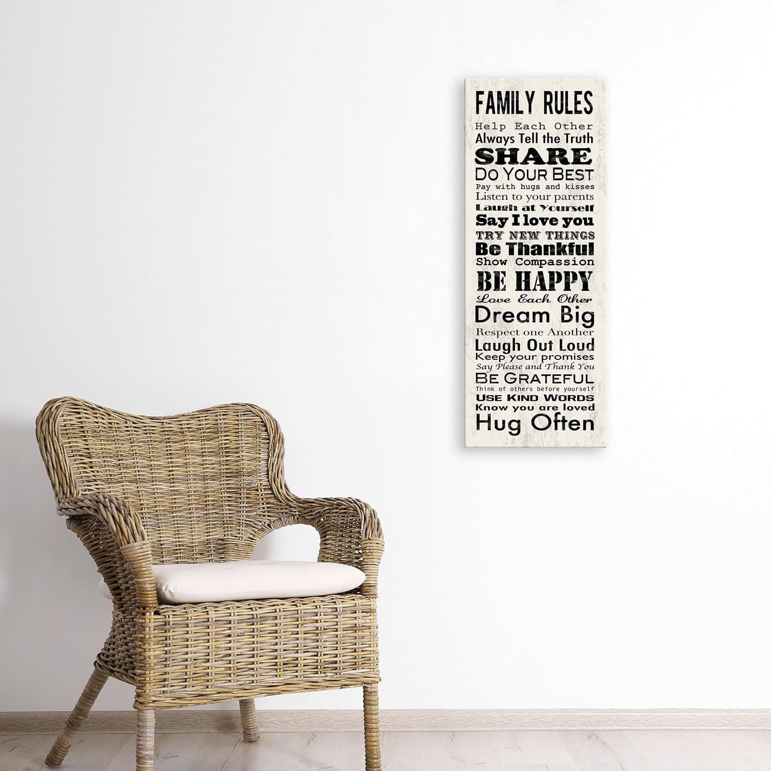 Family Rules, 1-Piece Sign Image, 12-Inch by 36-Inch Printed White Background with Black Lettering, Canvas, Perfect for Any Decor