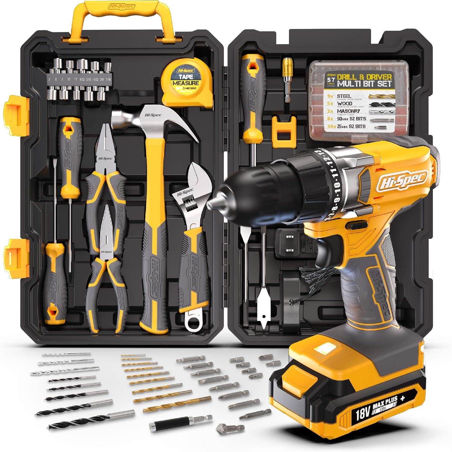 Hi-Spec 81pc Yellow 18V Cordless Power Drill Driver Complete Home & Garage Hand Tool Kit Set for DIY