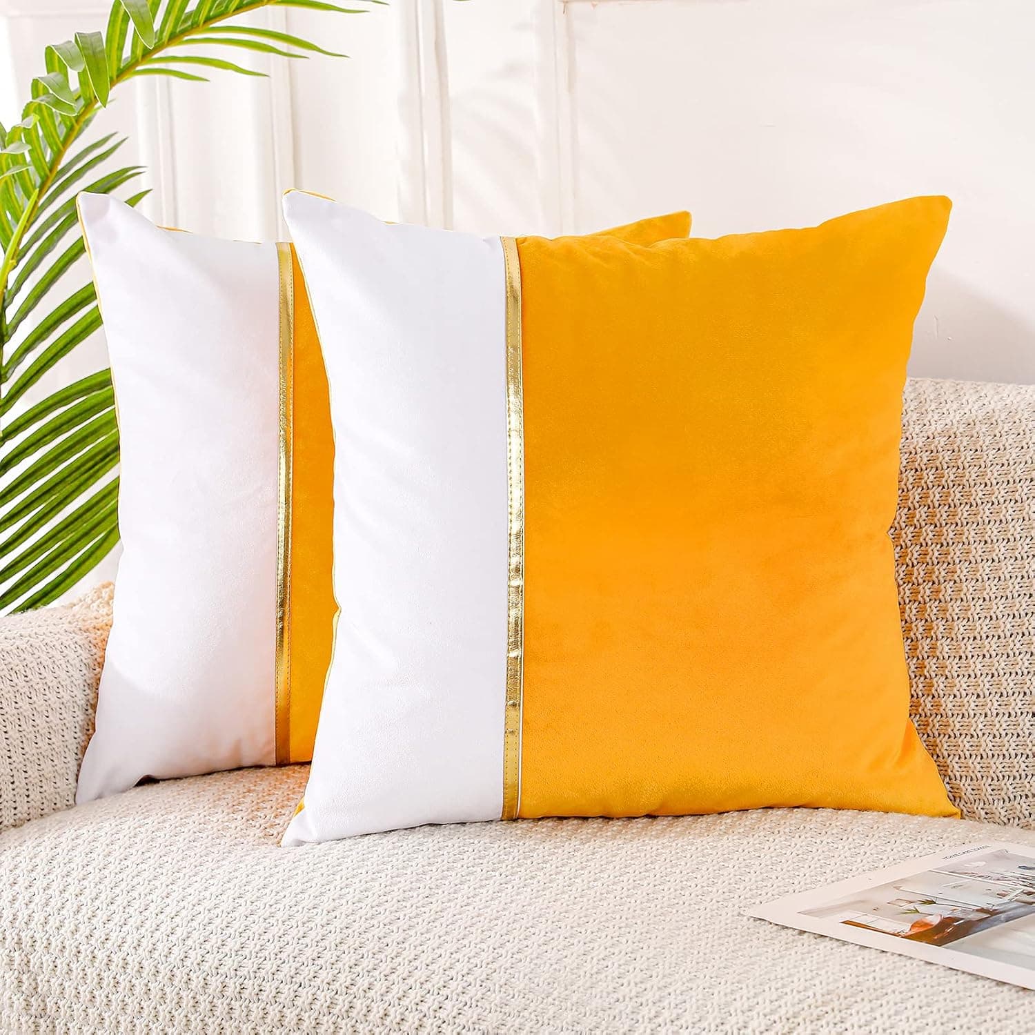 Pack of 2 Yellow Patchwork Velvet Throw Pillow Cover with Gold Striped Leather Modern Luxury Square Cushion Case Pillowcase for Sofa Couch Bedroom Living Room Home 20x20 inch