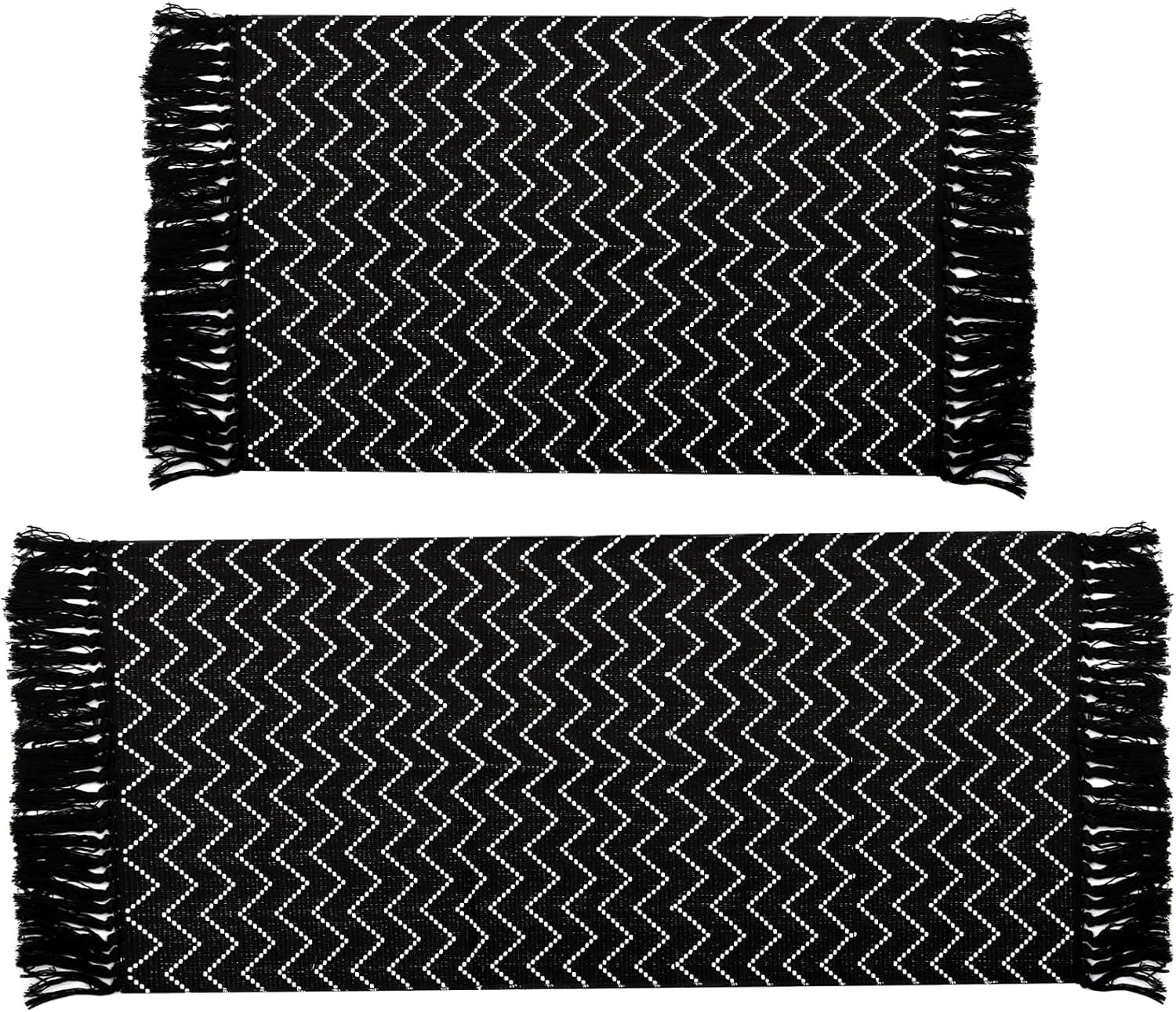 Youeon 2 Pack Boho Runner Rug with Tassel, 4.3 x 2 + 3 x 2 Ft Black Throw Rug, Hand Woven Kitchen Runner Washable Cotton Area Rug for Kitchen, Living Room, Bedroom, Laundry, Entry, Black