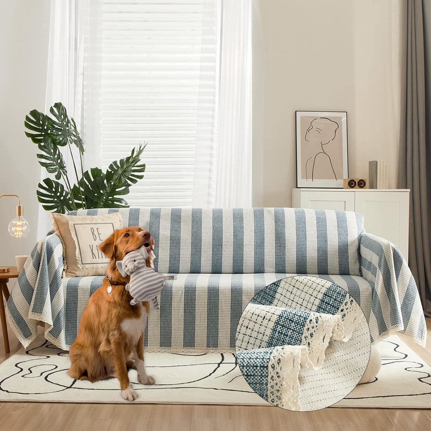 HANDONTIME Blue Striped Sofa Covers Sectional Couch Covers for l Shape Geometric Couch Covers for 2 Cushion Couch Sofa Chenille Sofa Slipcover Soft Couch Cover for Dogs Loveseat (Large, 71" x 118")