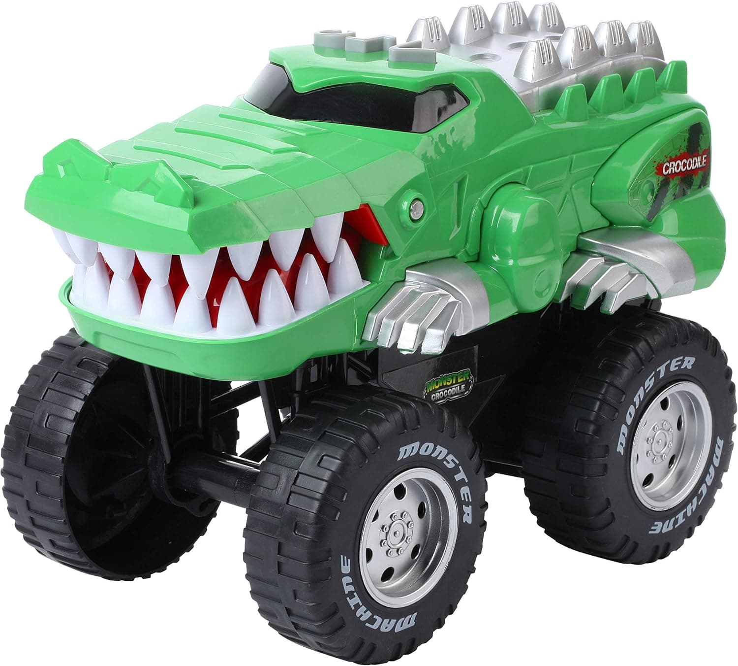 BUILD ME Powerful Crocodile Chomper Monster Truck - Battery Powered Crocodile Car Lights Up with Revving Engine Sounds and Pops Wheelies - Great Gift for Boys and Girls Ages 3+