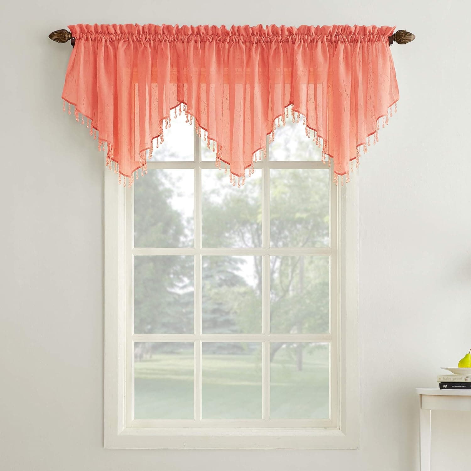 No. 918 Erica Crushed Sheer Voile Ascot Beaded Curtain Valance, 51" x 24", Coral