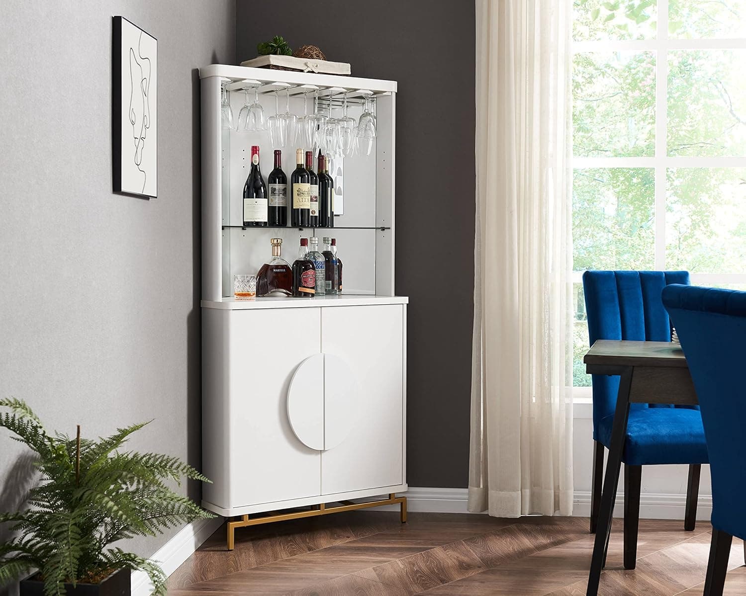 Home Source White Bar Cabinet with Half Moon Handles and Metal Base