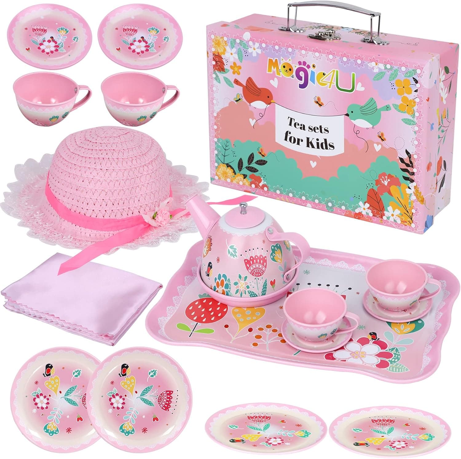 Tea Set for Little Girls, 20PCS Princess Tea Party Play Toy Including Teapot,Cups,Coasters,Plates,Spoons,Serving Tray,Tablecloth and Carrying Bag, Kids Kitchen Pretend Play for Girls Boys Age 3-6