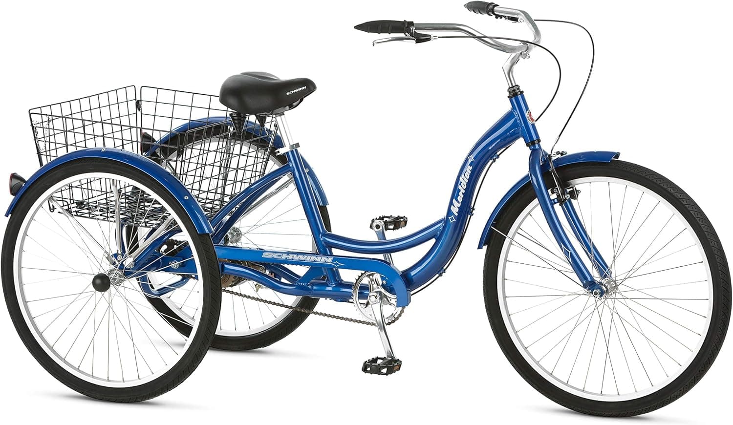 Schwinn Meridian Adult Tricycle Bike, Three Wheel Cruiser, 24 & 26-Inch Wheels, Low Step-Through Aluminum Frame, Adjustable Handlebars, Large Cruiser Seat, Rear Folding Basket
