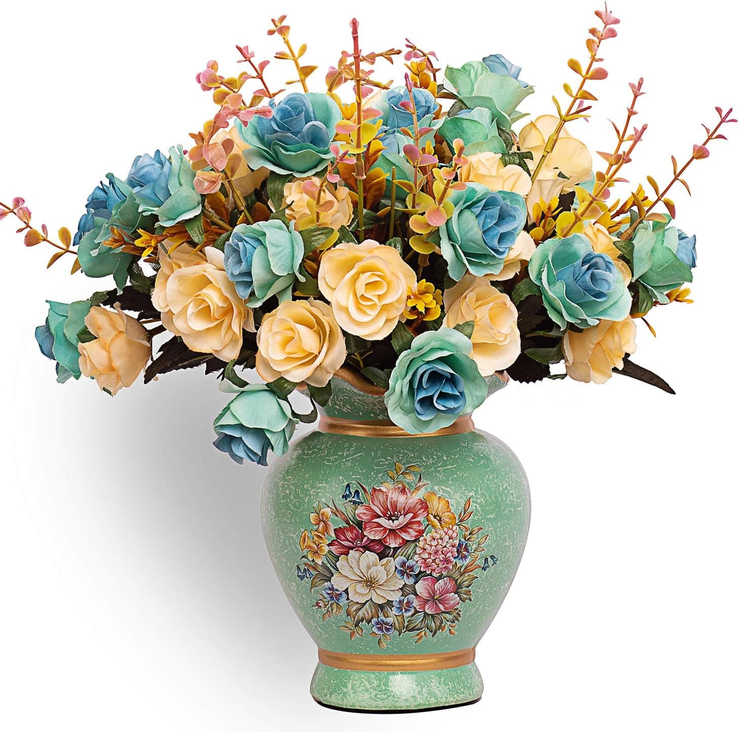 Moomass Artificial Flowers, Artificial Roses Bouquets and Printed Ceramic vases, Fake Silk Roses Decoration, Suitable for Wedding, Home Office Party Decoration. Peacock Blue (4 Bunches) …
