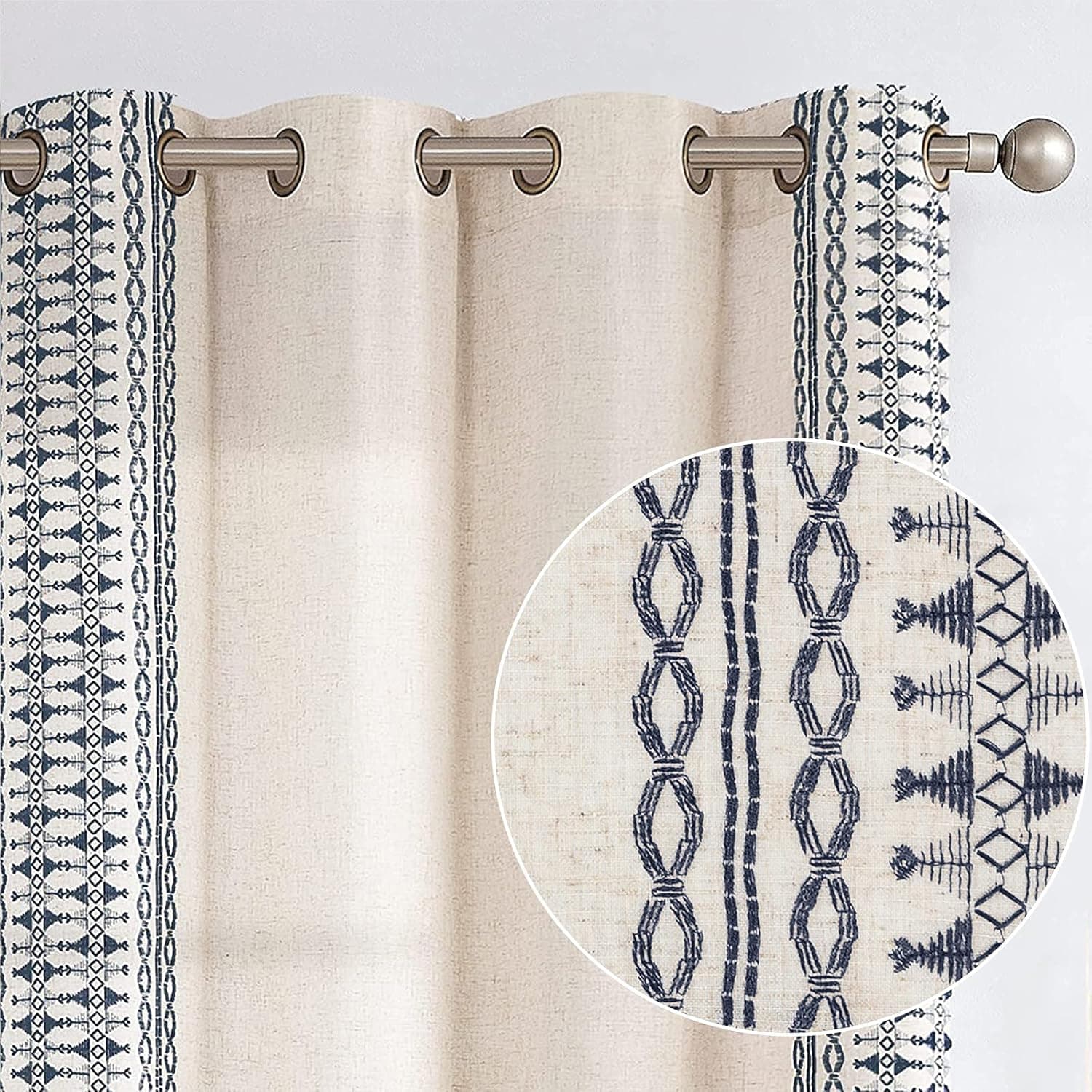 jinchan Boho Curtains for Bedroom Linen Window Curtains Embroidered Bordered Drapes for Living Room 96 Inch Length 2 Panels Bohemian Light Filtering Grommet Window Treatment Blue on Beige