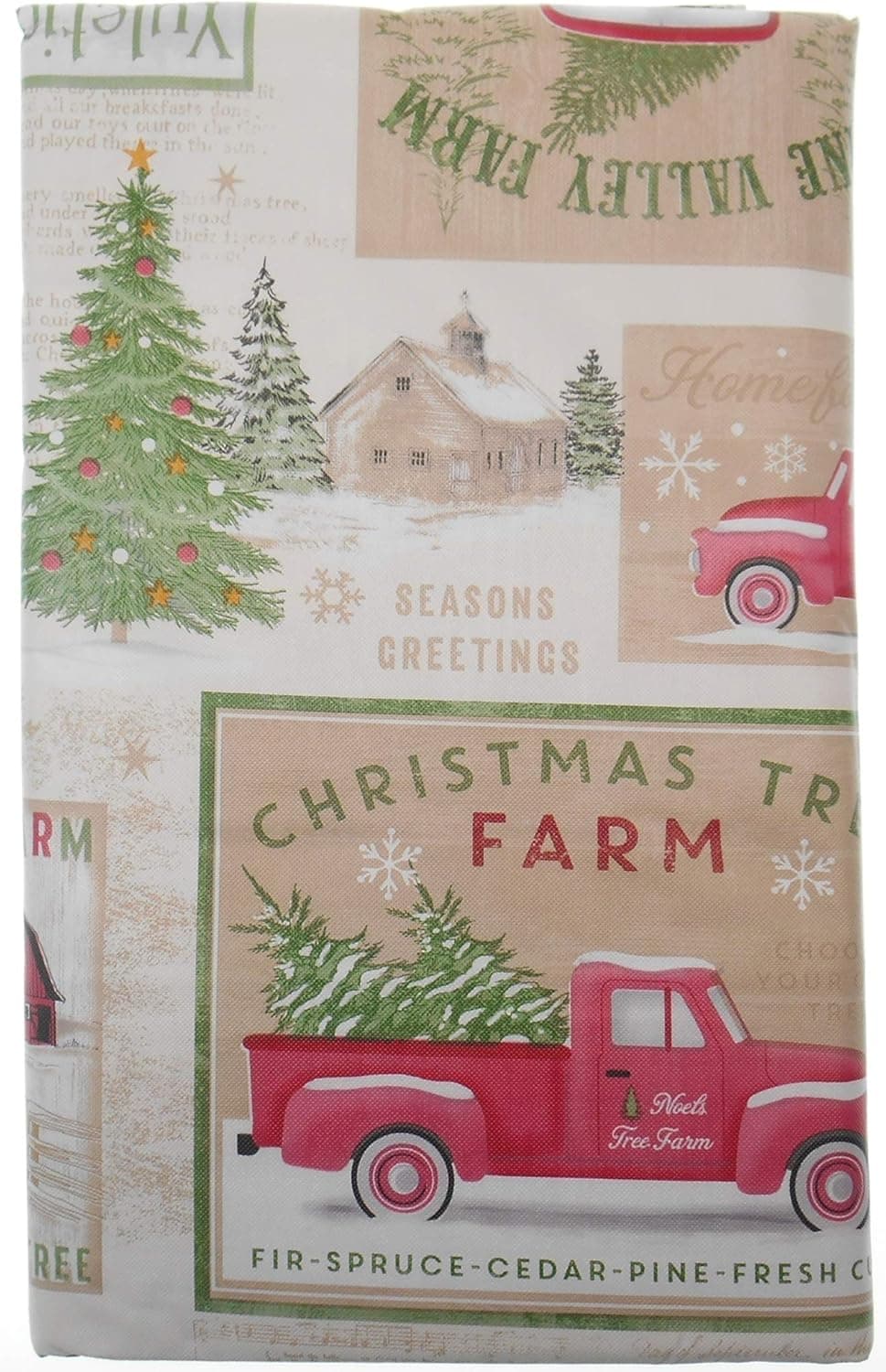 The Happy Holiday Christmas Tree Farms' Signs Fresh Christmas Trees Vinyl Tablecloth Flannel Backing Red Pick up Trucks Hauling Trees Presents (52" x 70" Oblong)
