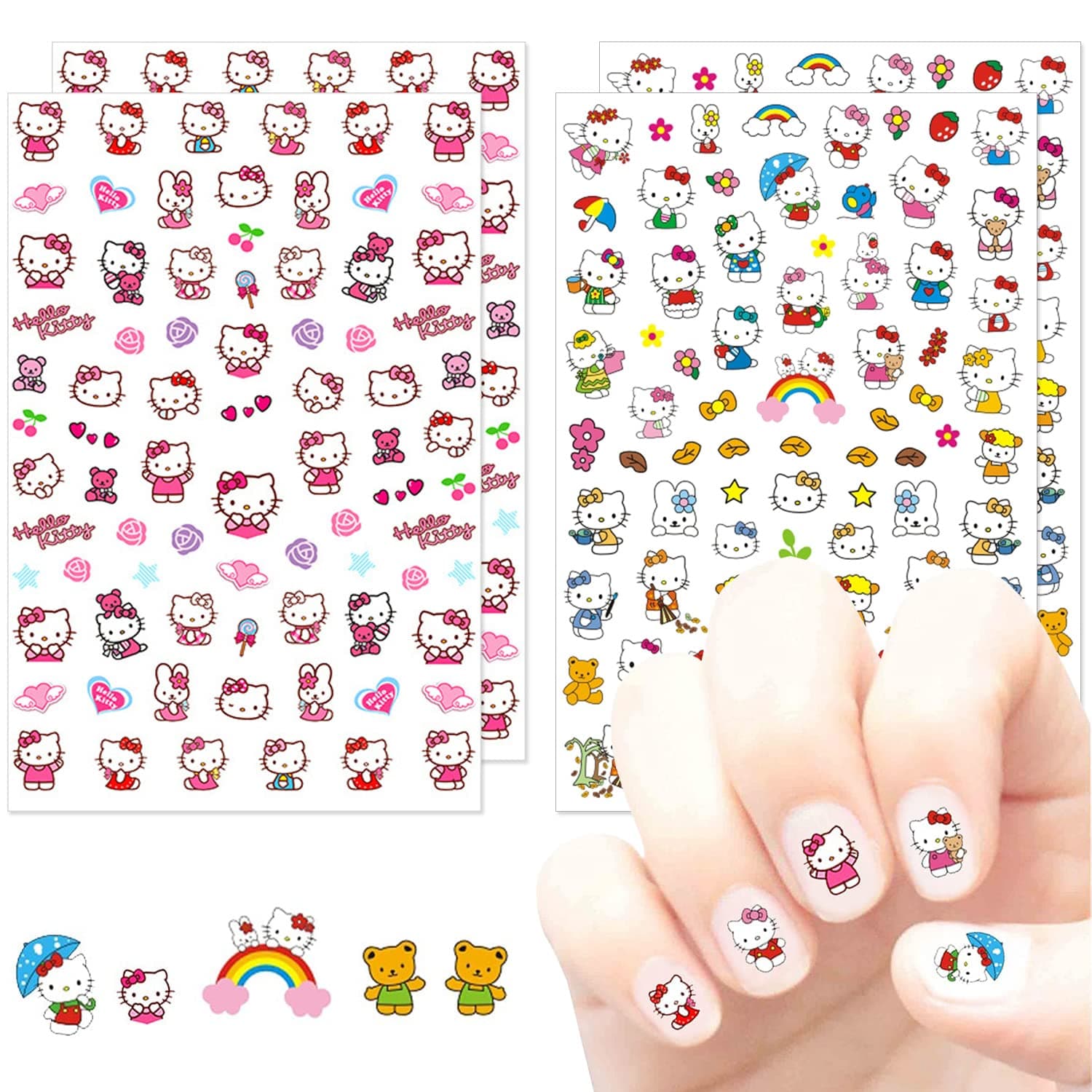 Cute Cartoon Nail Art Stickers 3D Nail Art Decals Self Adhesive Nail Sticker Anime Kawaii Designer Nail Stickers for Girls Kids Women Manicure Tips Decoration (4 Sheets)