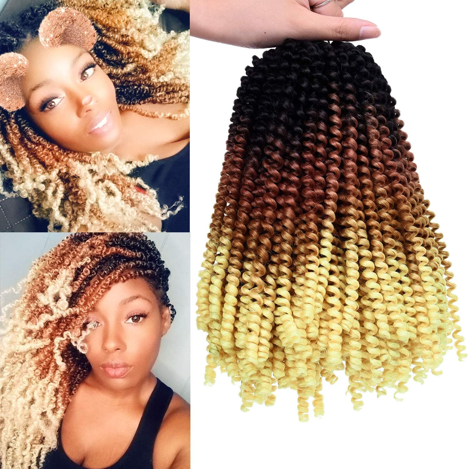 2 Pack Spring Twist Ombre Colors Bomb Twist Crochet Braids 8 inch Fluffy Soft Jamaican Bounce Synthetic Braiding Hair Extensions 30Strands/pack (8", T1B/Brown/Blond)