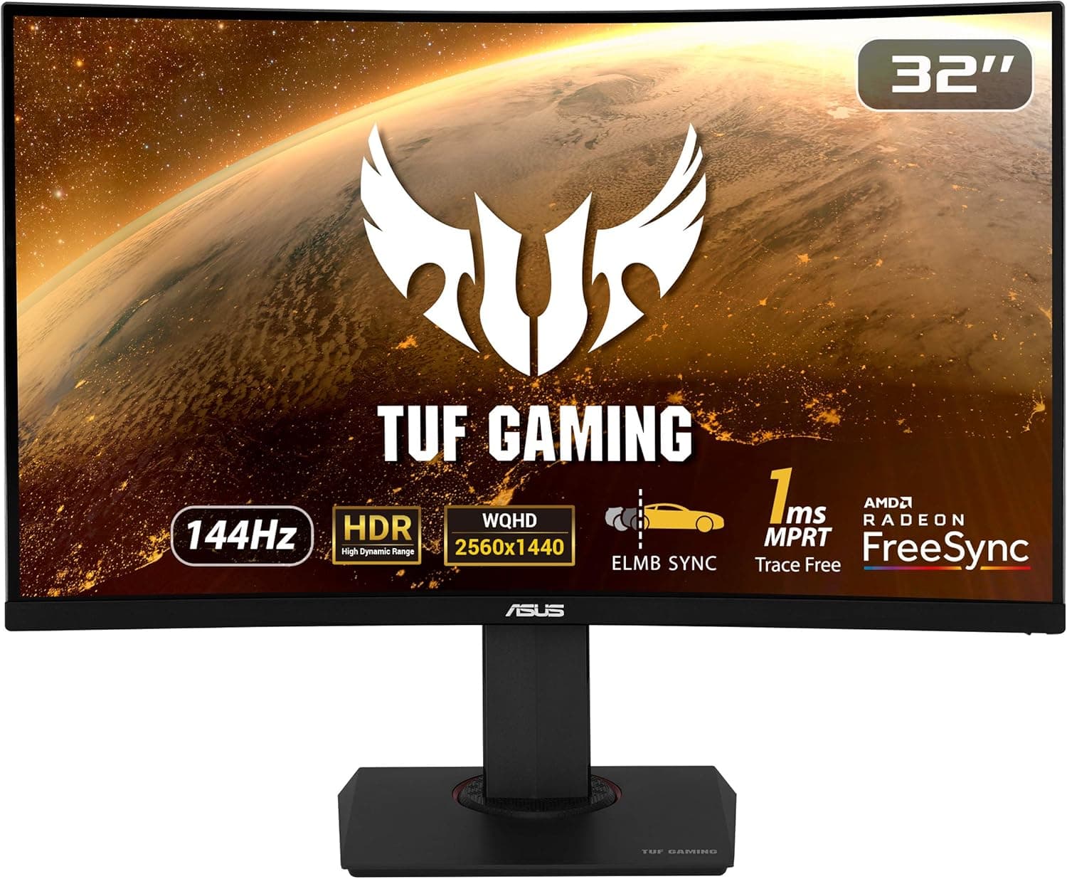 ASUS TUF Gaming 32" 1440P HDR Curved Monitor (VG32VQ) - QHD (2560 x 1440), 144Hz, 1ms, Extreme Low Motion Blur, Speaker, Adaptive-Sync, FreeSync Premium, VESA Mountable, DisplayPort, HDMI