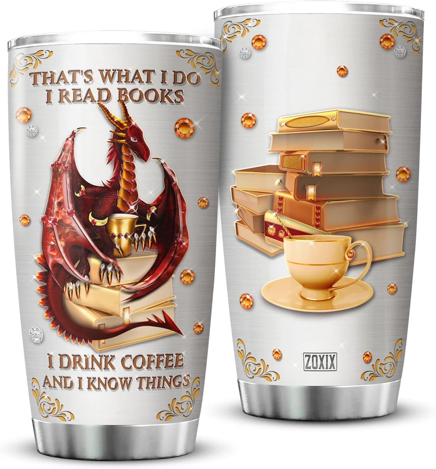 ZOXIX Dragon Tumbler 20oz I Read Books I Drink Coffee And I Know Things Funny Saying Cup Insulated Stainless Steel Mug With Lid Book Lover Bookworm Bookish Gift Dragon Lovers Gifts