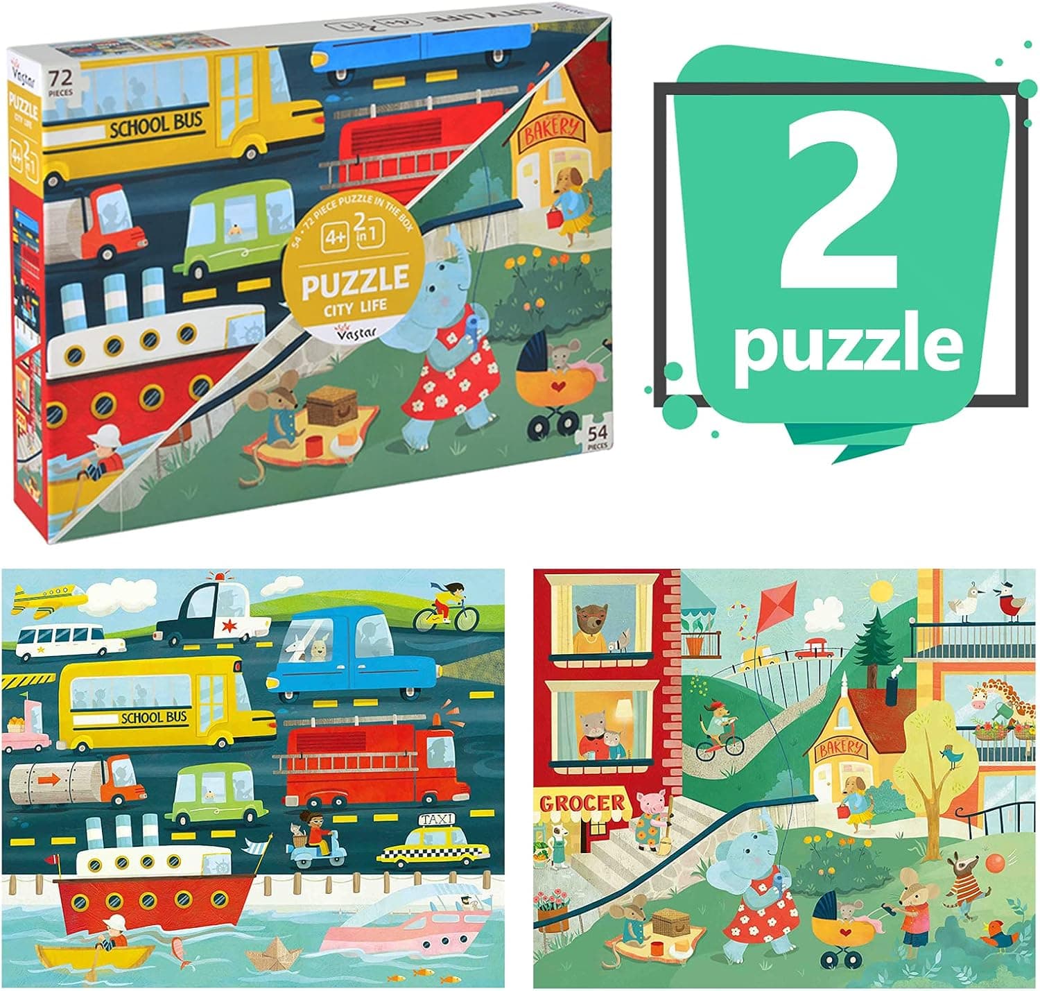 VASTAR Kids Puzzles for Kids Ages 4-8, 2 in 1 Kids Floor Jigsaw Puzzles 54 and 72 Pieces, Early Educational Preschool Toddler Large Puzzles (2 Puzzles)