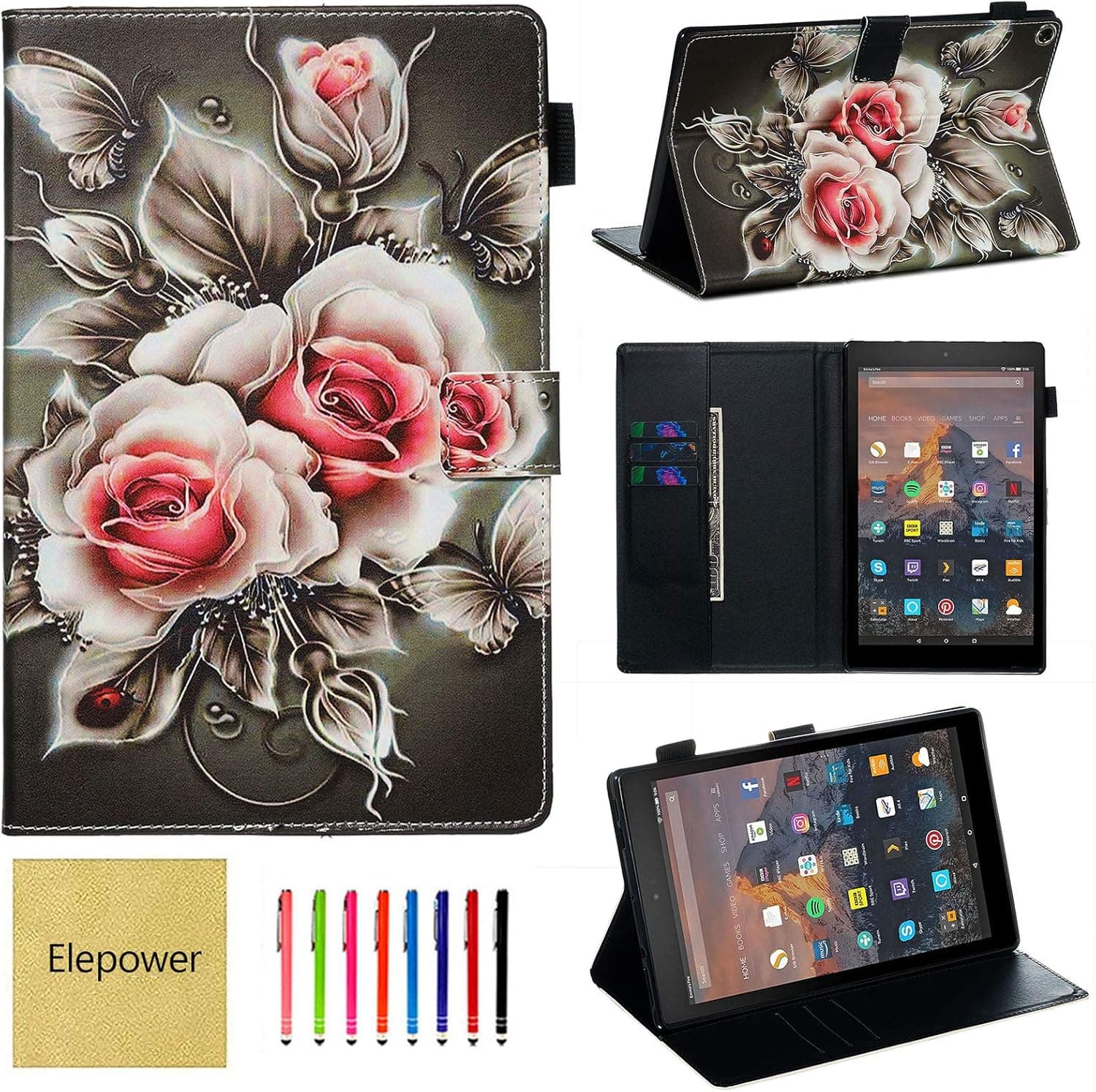 Elepower Folio Case Cover Compatible with 10.1" All-New Amazon Fire HD 10 Tablet(9th/7th/5th Generation, 2019/2017/2015 Release), Slim Folding Stand Cover with Pocket Auto Wake/Sleep, Rose Flowers