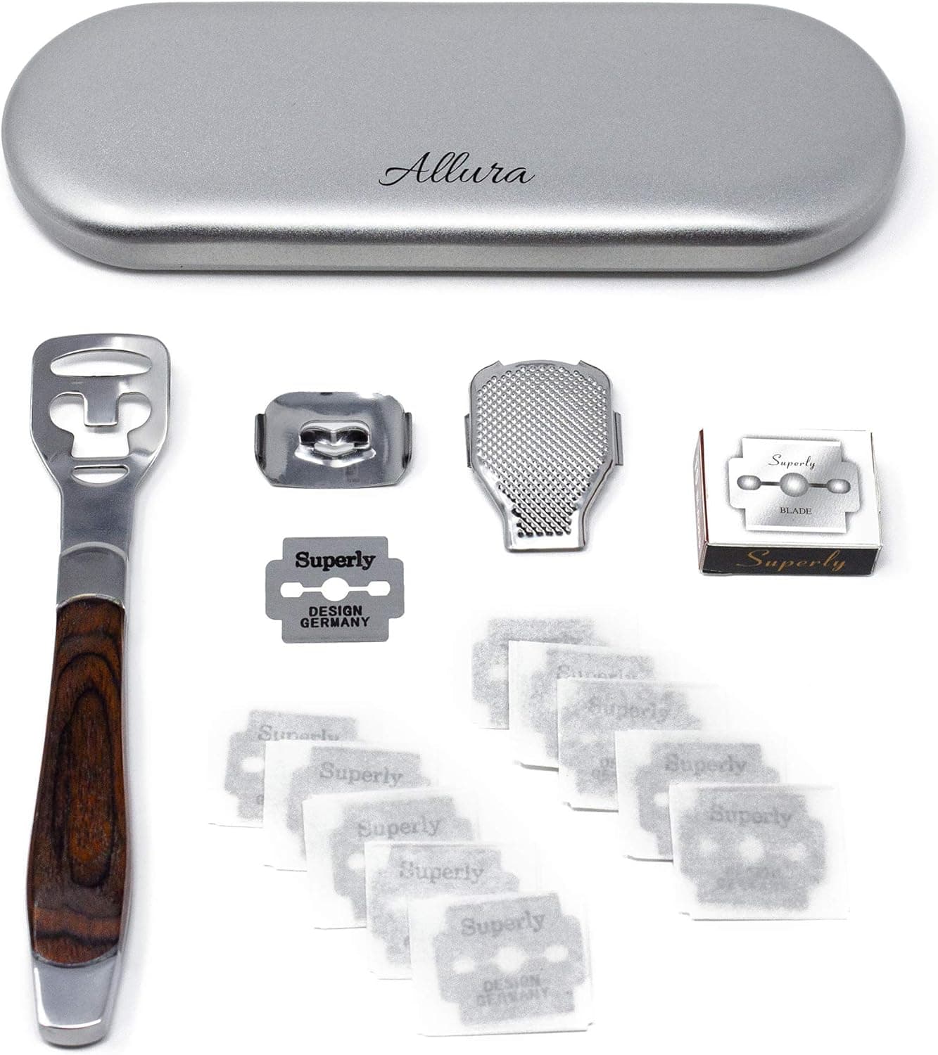 Allura Foot Care Pedicure Callus Shaver Cutter Rasp File Hard Skin Corn Remover Wood Handle 10 Blades (Case Included)