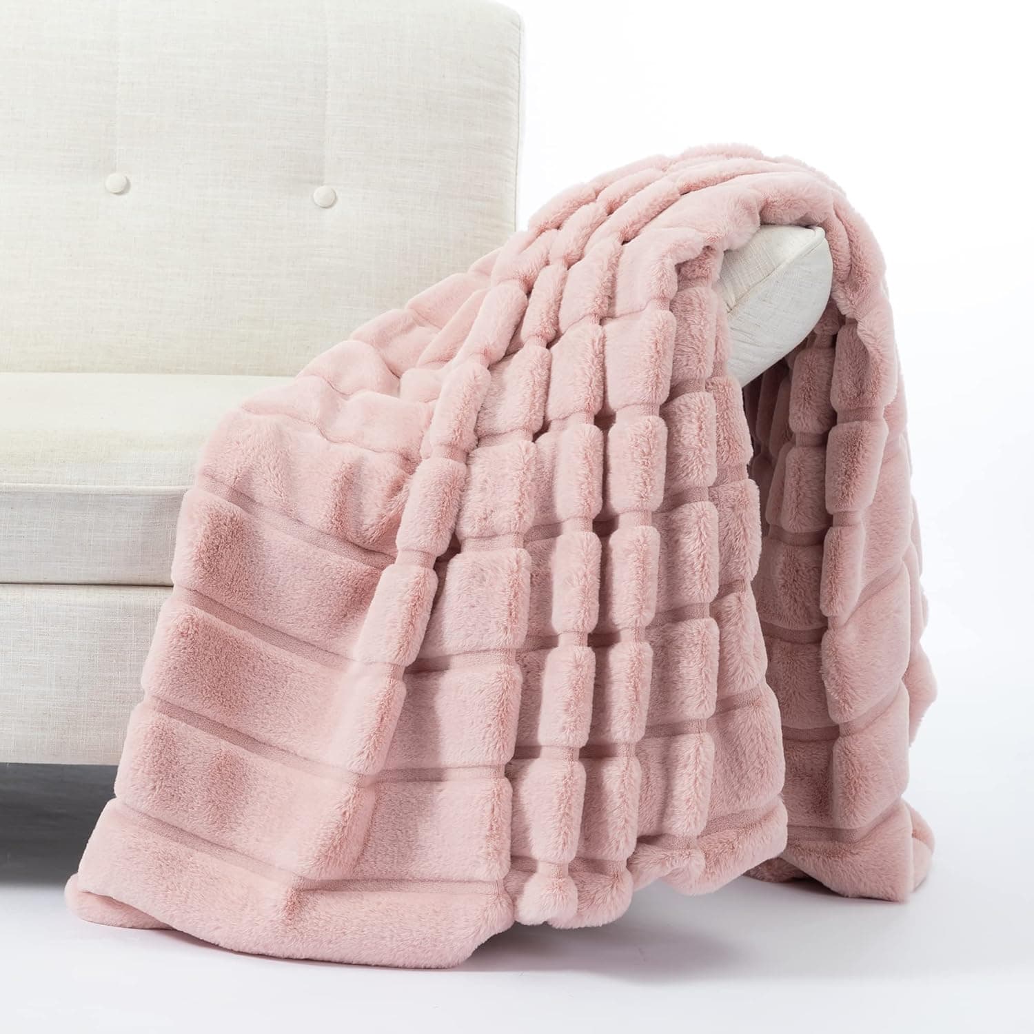 Cozy Bliss Luxury Super Soft Striped Faux Fur Throw Blanket for Couch, Size 50"x60" Pink, Extra Soft, Fluffy, Warm, Anti-Static, Plush Blanket for Sofa Bed Living Room Bedroom Car (Stripe- Pink)