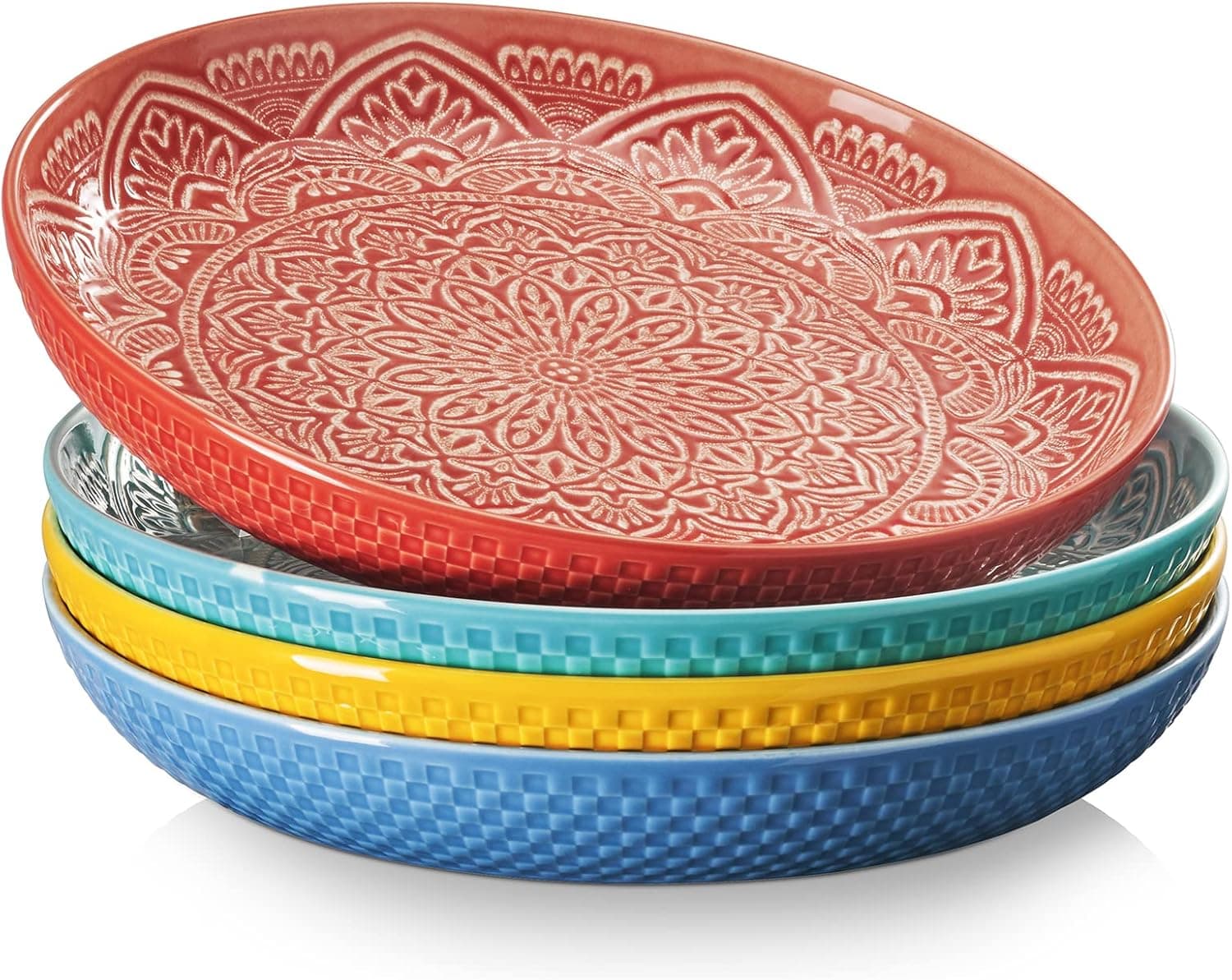 DOWAN 10.5'' Dinner Plates, Ceramic Plates Set of 4, Colorful Serving Dishes for Party, Dessert, Pasta, Salad, Microwave, Oven, and Dishwasher Safe, Vibrant Colors