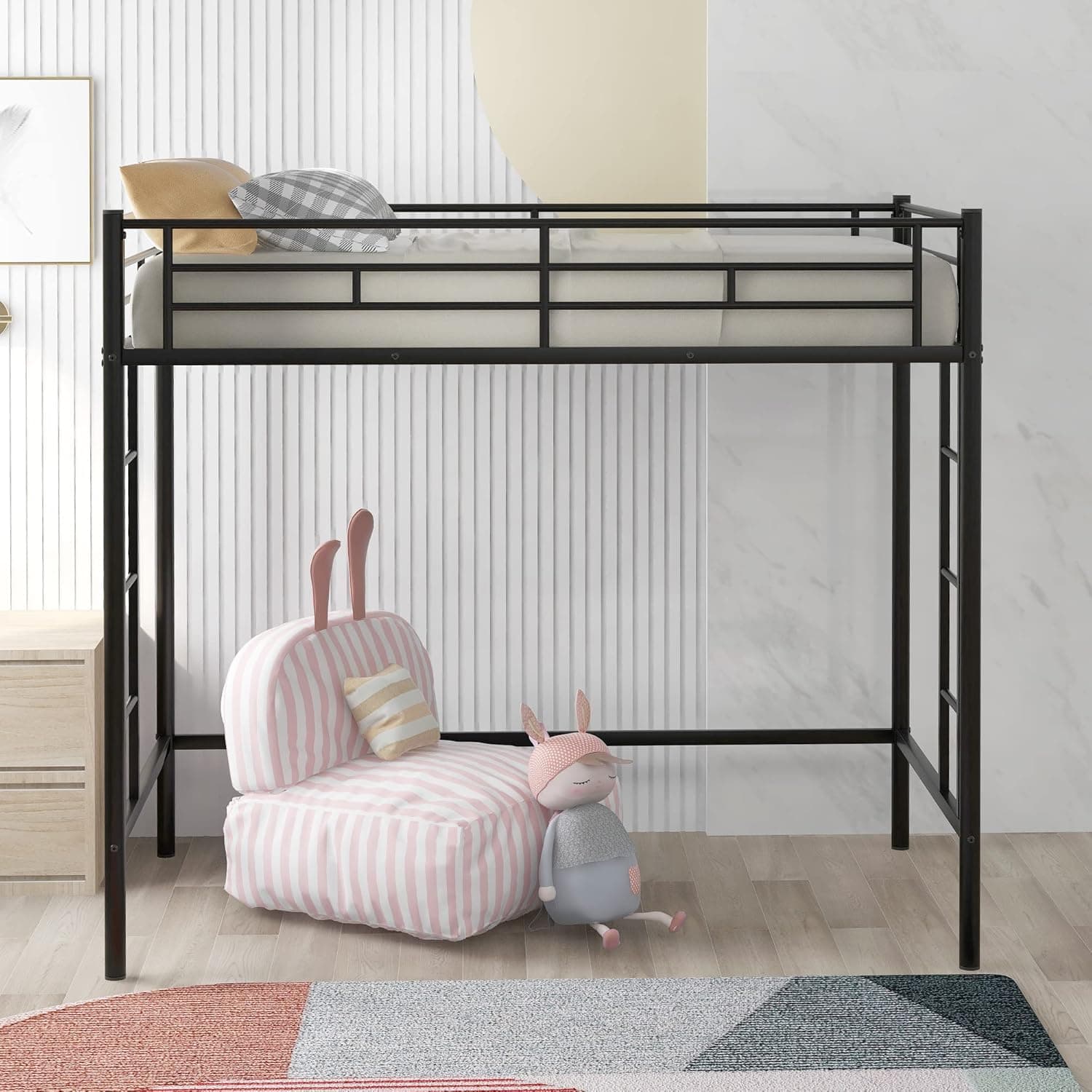 Etstod Twin Loft Bed with Two-Side Ladders & Safety Guardrails for Kids & Adult Bedroom, Sturdy Metal Steel Bedframe, Space-Saving, No Box Spring Needed, 75" L×41.4" W×70.8" H, Black