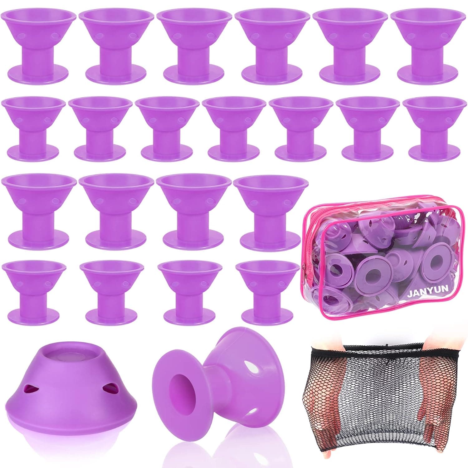 JANYUN 40 Pcs Purple Magic Silicone Hair Rollers Include 20pcs Large Sleeping Silicone Curlers 20pcs Heatless Small Hair Curlers (Purple)
