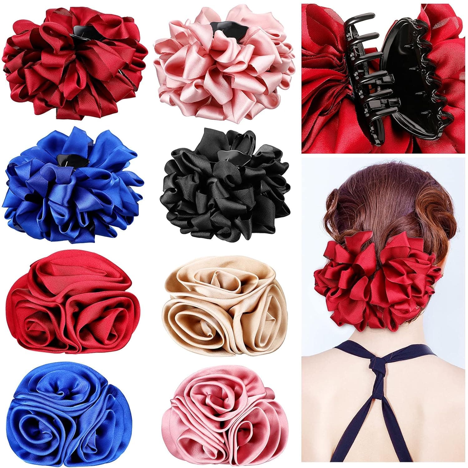 8 Pieces Large Silk Flower Bow Hair Claw Jaw Clips and Chiffon Rose Flower Hair Claw Clips Hair Clamps Plastic Nonslip Hair Clamps for Women Girls Hair Styling Headwear